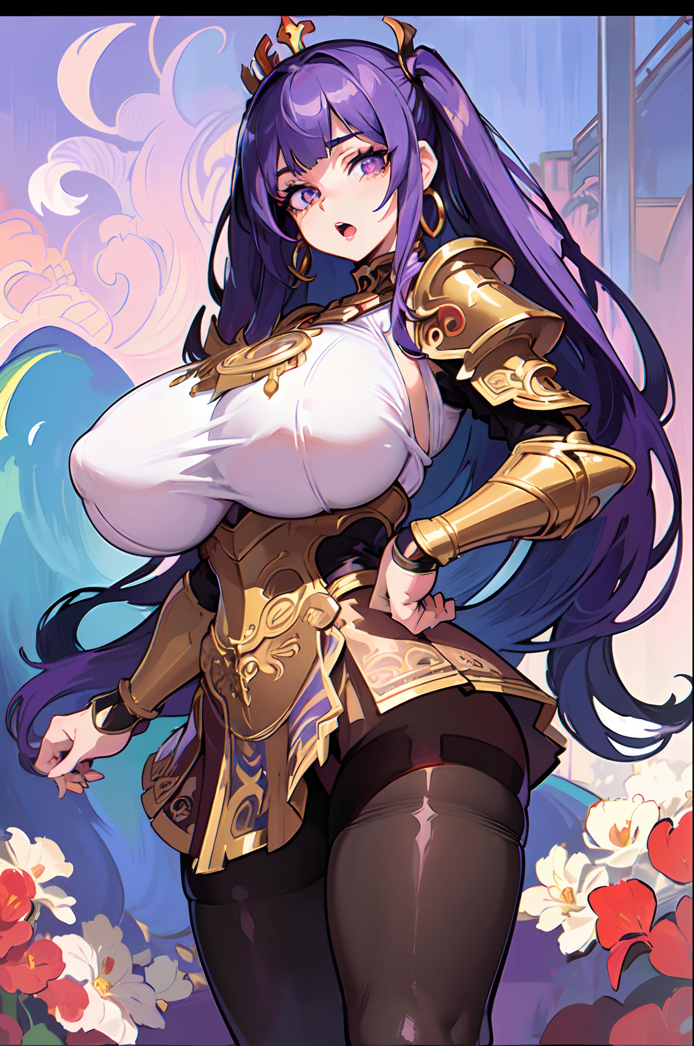 "(masterpiece), best quality,
1girl, (80s anime style:1.3), (eyelashes:1.5),
(intricate high detailed body:1.2),
purple hair,
(bangs:1.1), (twintails, drill hair:1.1),
purple eyes, (red lip stick, detailed pupils:1.1),
(pale skin:1.1), (gigantic breasts:1.5),
calm, open mouth
(metal body suit:1.2), (pantyhose:1.3),
(knight armor, armored boots, mini skirt:1.2),
(hoop earrings:1.1), long gloves, crown,
standing,
(cowboy shot:1.1),
(vivid color, floral frame, decorative panels, abstract artistic, by Alphonse Mucha:1.1)"