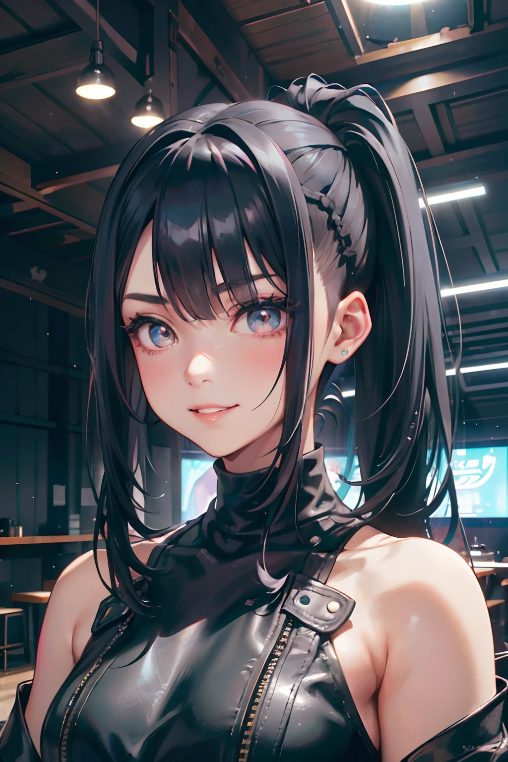 a 20 yo woman、Black blue Hair、long twintail、Big smile、(hi-top fade:1.3)、dark themed、Muted Tones、Subdued Color、highly contrast、(natural skin textures、Hyper-Realism、Soft light、sharp)