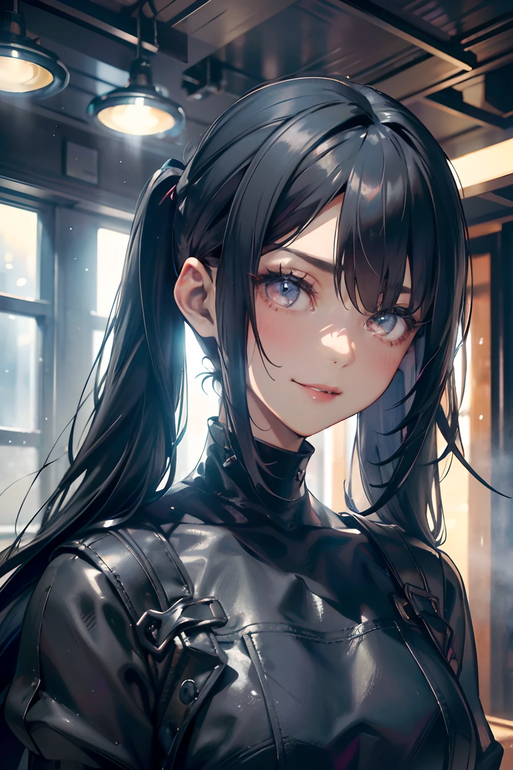 a 20 yo woman、Black blue Hair、long twintail、Big smile、(hi-top fade:1.3)、dark themed、Muted Tones、Subdued Color、highly contrast、(natural skin textures、Hyper-Realism、Soft light、sharp)