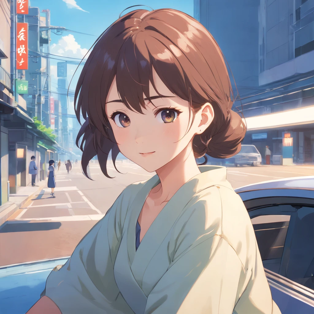There was a woman sitting down,Hair rolled in a bun, young cute wan asian face, dilraba dilmurat,, girl cute-fine face, wan adorable korean face, Beautiful young Japan woman, xintong chen, Asian girl with long hair,A smile BigEyes90s Style Anime Retro.The background is a big new car