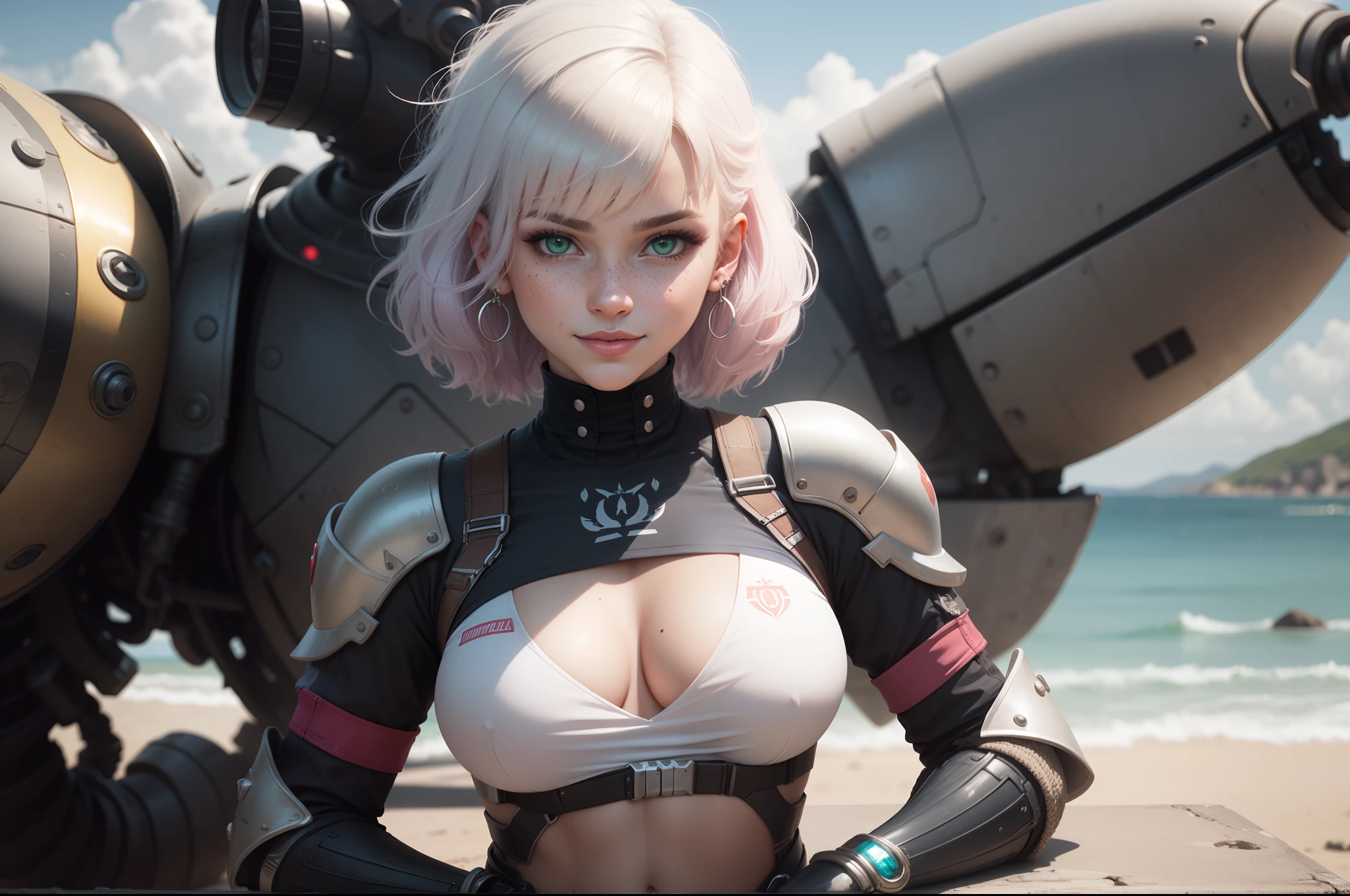 gwen tennyson,y'shtola rhul,yorha 2b, 1girl,atelier ryza,overwatch,close up, mecha pilot,ocean view,tattoos,pink and silver plugsuit,white short sleeve lycra top,steel cargo pants,uncovered belly,short saiyan hair,cute makeup,green eyes,dimensional golden hair,shy smile,freckles,beautiful girl,large breasts,8k,ultra detailed,realistic,fantasy art,saiyan armor,cyborg armor,steel armor,harbor shore,military uniform,ear piercings,hair pin,super saiyan girl,saiyan female,