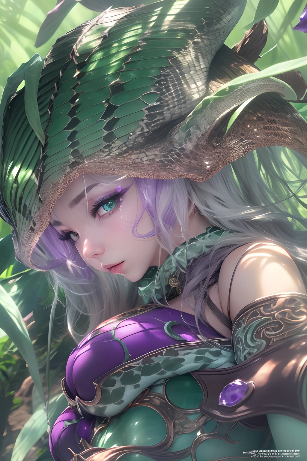 (a close up of a woman with reptile features that includes head and chest), 4k fantasy art, detailed snake skin, (Adult), solo focus, (lamia), stoic, monster girl, (short horn on her head's right side), beautiful eyes, BREAK, silk,  ((amethyst snake scales cover her breasts like clothing)), ((human skin on her face, shoulders and breasts)), shiny (jade, amethyst, silver gradient:1.5), (ethereal aura shoot from the outer angle of her eyes), realistic, masterpiece, best quality, ultra-detailed, detailed, scenery, beautiful detailed eyes, detailed hair, BREAK, beautiful background, forest, light particles, sun rays, dramatic lighting, outside, leaves,