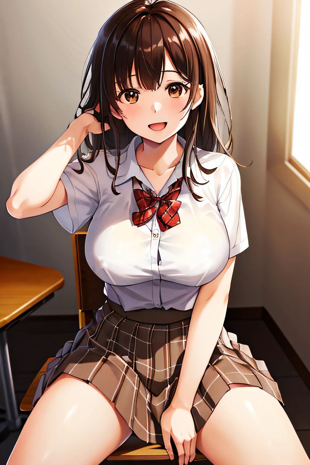 ​masterpiece, top-quality, hight resolution, 1girl in, brown haired, length hair, bangss, Brown-eyed, well balanced large breasts, white  shirt, Long skirt with plaid pattern, A smile, open open mouth,, Slouched, school classrooms、sit a chair、itting open legs、lift up one's skirt、White underwear is visible