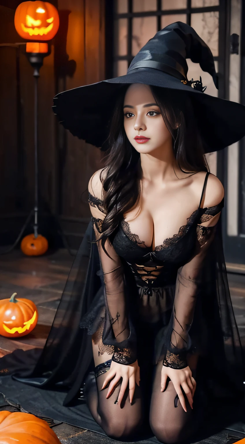ung girl,(sexy lace witch costume:1.4),((with a beautifully detailed five-fingered hand)),spooky Halloween decorated house,ultra-detailed,realistic:1.2,sharp focus,vivid colors,studio lighting,horror,portrait,mysterious atmosphere,glowing pumpkins,creepy spiders,witch hat,scary mask,haunted furniture,dark and eerie shadows,moonlight streaming through the windows,ghostly apparitions,witch broom,foggy ambiance,witch cauldron,bats flying in the background,spiderweb-covered walls,magic spellbook,orange and black color scheme,mysterious girl's eyes piercing through the darkness,mix4, (big breasts:1.2),(kneeling in a sexy position:1.2)