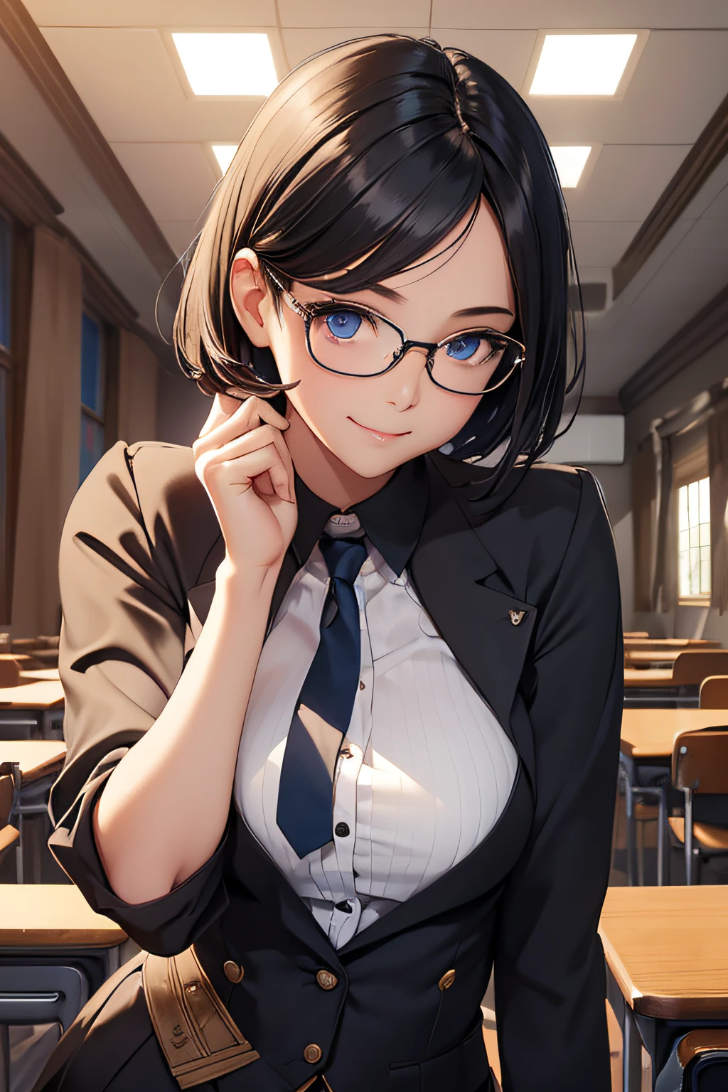 (best quality), (masterpiece), (high resolution), (intricate details:0.2),(professional lighting), classroom, detailed background, over sized uniform, half body, (previous view), 1girl, solo, (beautiful face:1.40), slim body, fine skin, smile, short wolf cut black hair, sky blue eyes with glasses, (Medium beasts:1.10), see at viewer,