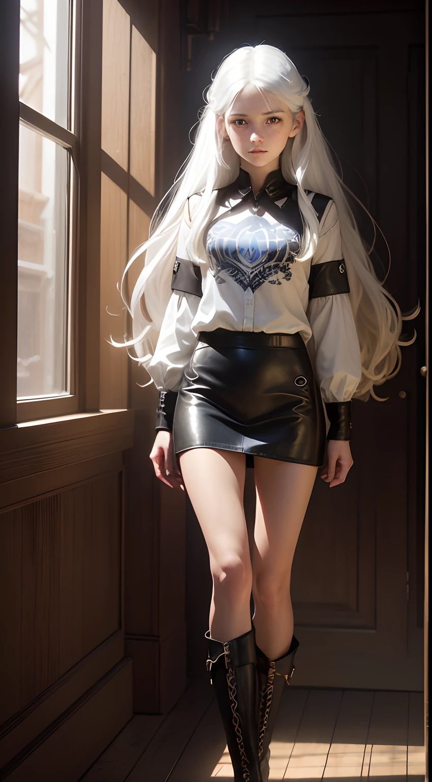 photorealistic, high resolution, soft lights, 1women, solo, hips up, blue eyes, white hair, long hair, shirt, black skirt, thigh highs