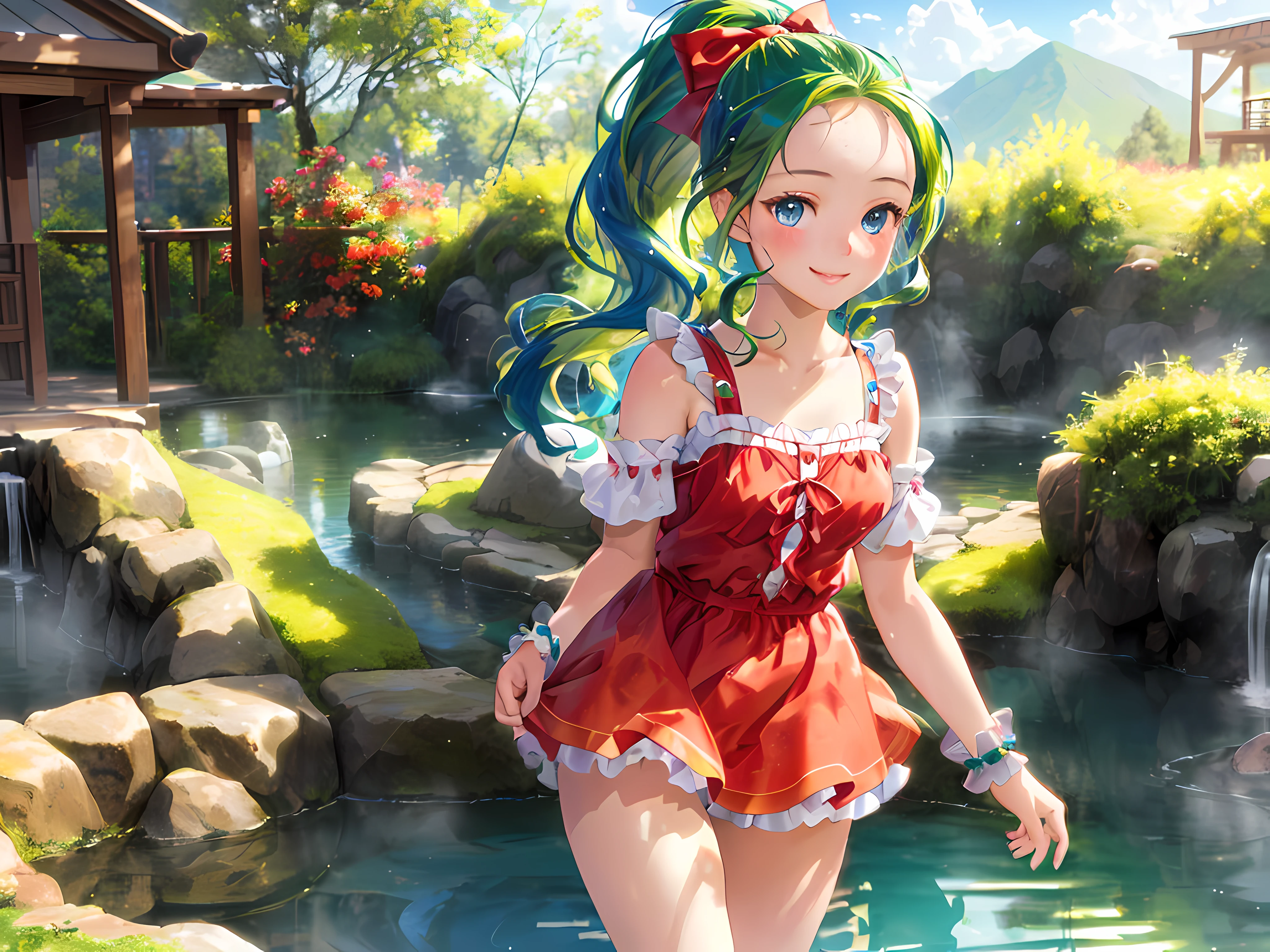 ((((Tina Branford)))), ((1little girl)), 13yo, (((deepgreen hair))), (deep blue eyes), ((Forehead)), (ponytail), big red ribbon,

(at hot spring), 
photographrealistic, Sense of depth, Absurd resolution, High resolution, 8K, 4K, detail, Best Quality, (Raw photo, Best Quality, masters:1.2), (Realistic, Photorealsitic:1.37), ultra-detailliert,
Smile, Looking at the camera, full-face blush, Open legs, (walking), (Looking back), Angle from below, Full body shot,