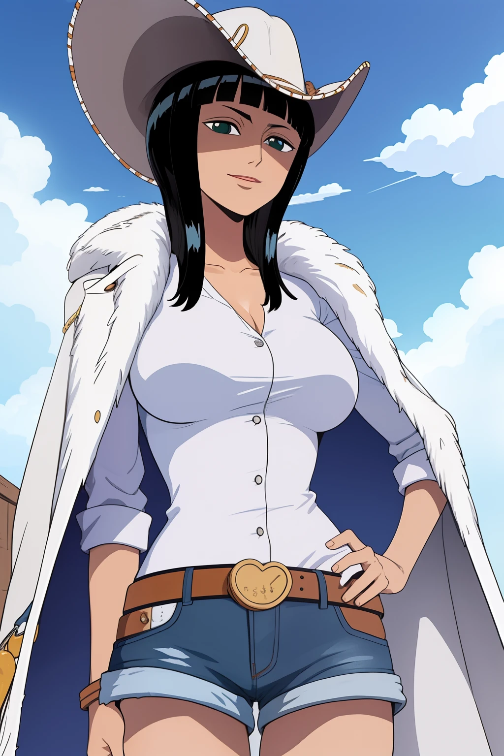 1girl,nico robin,cowboy shot,mature female,happy,light smile,medium hair,large breasts,hat,white coat,denim shorts ,belt