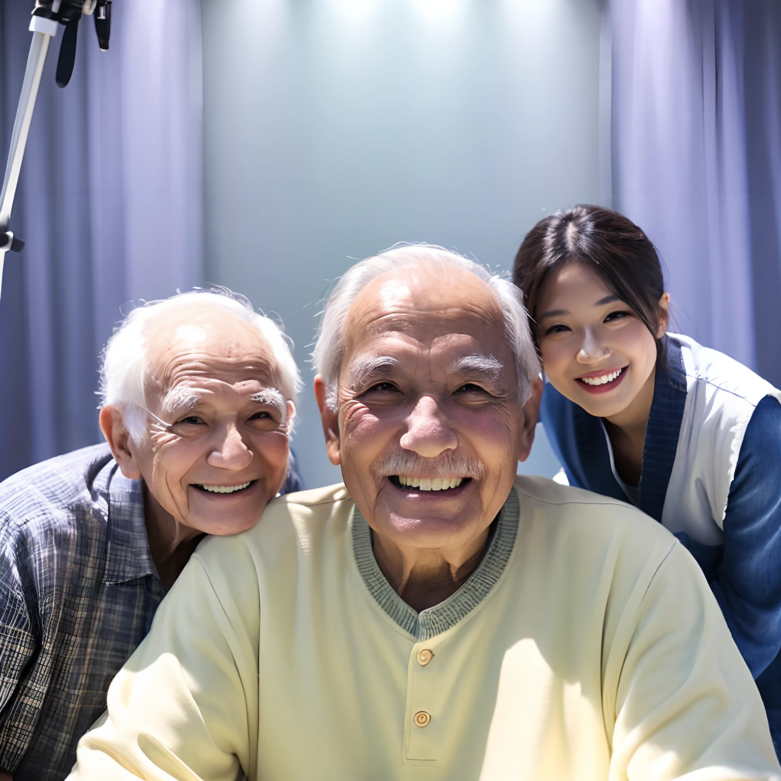 ID photo　Old man photographed with a smile　Family watching around　cameraman１a person　White Photo Studio　illustratio　Bright atmosphere　Manga
