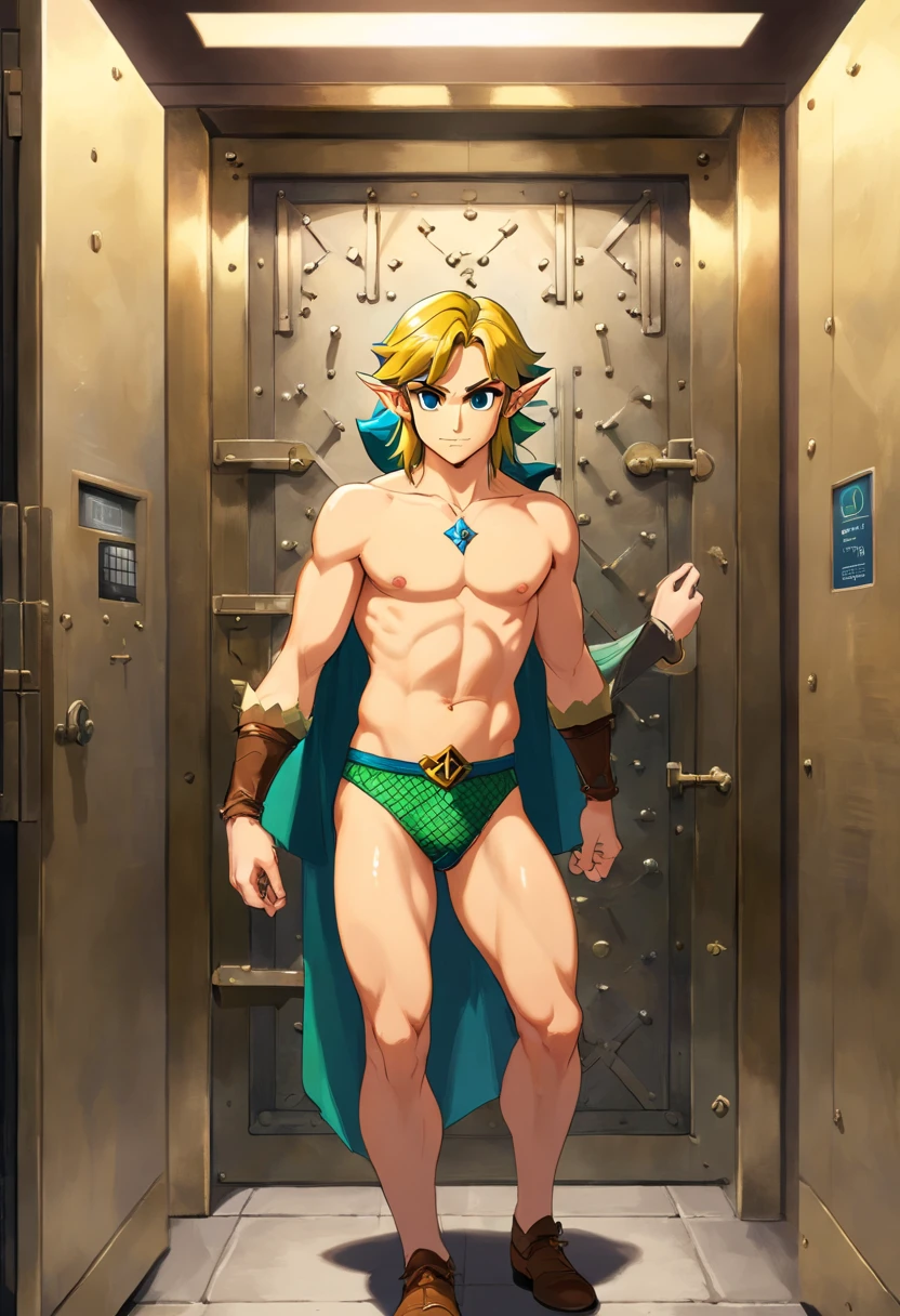 A young, attractive   man  inside of a bank vault while wearing an erotic, revealing, and see-through fishnet lingerie, naked,  out, NSFW, big chest, big hips, wet body