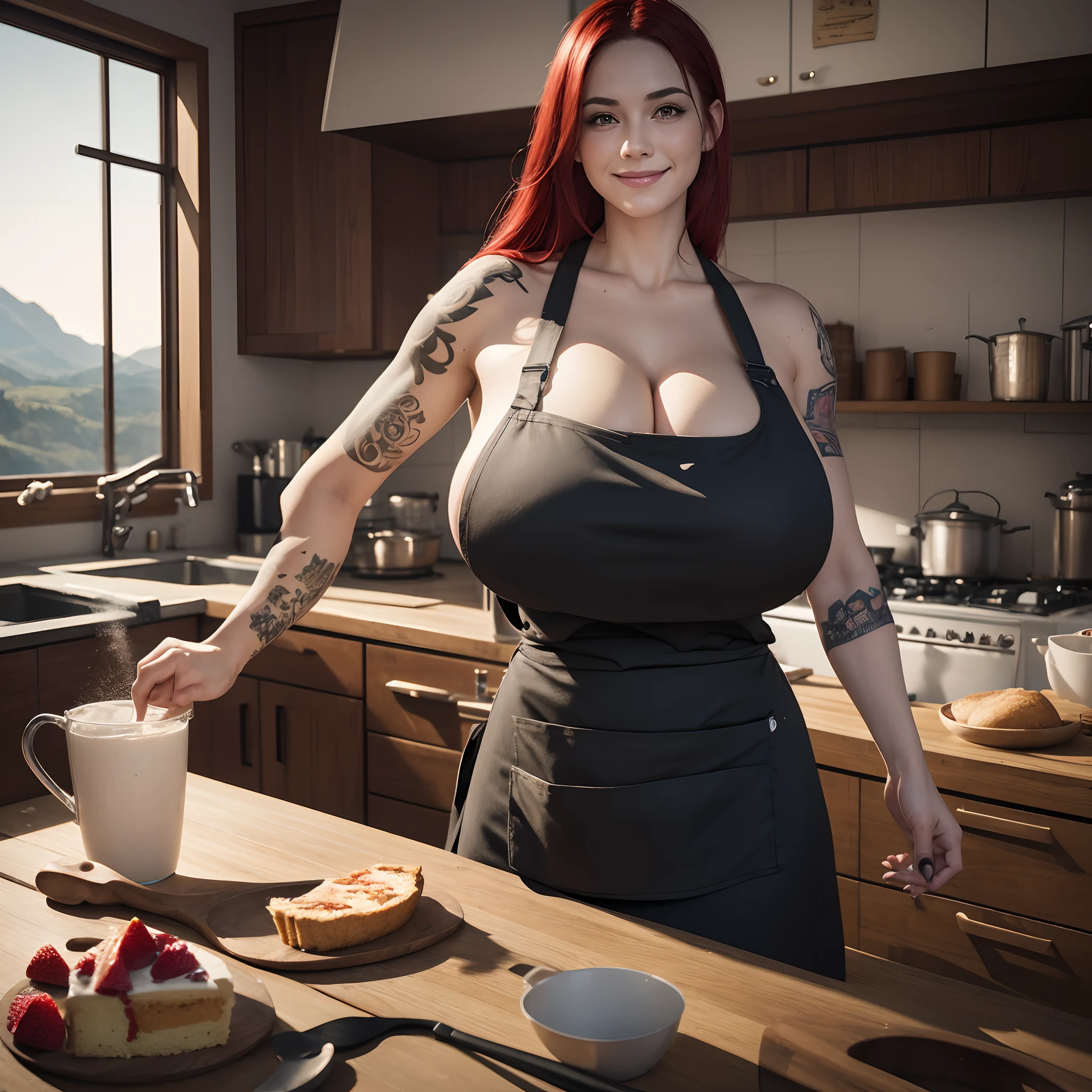 1 girl, a woman with tattoo, (([red|black] hair)), long hair, wearing a black apron (apron:1.2), cooking, cute smile, look at viewer, kitchen, cake and pie on background,  indoors, (soothing tones:1.0), (hdr:1.25), (artstation:1.2), dramatic, (scenery:1.4), (intricate details:1.14), (hyperrealistic 3d render:1.16), (filmic:0.55), (rutkowski:1.1), (faded:1.3), (Gigantic breast:1.6), (better hands, better arm)