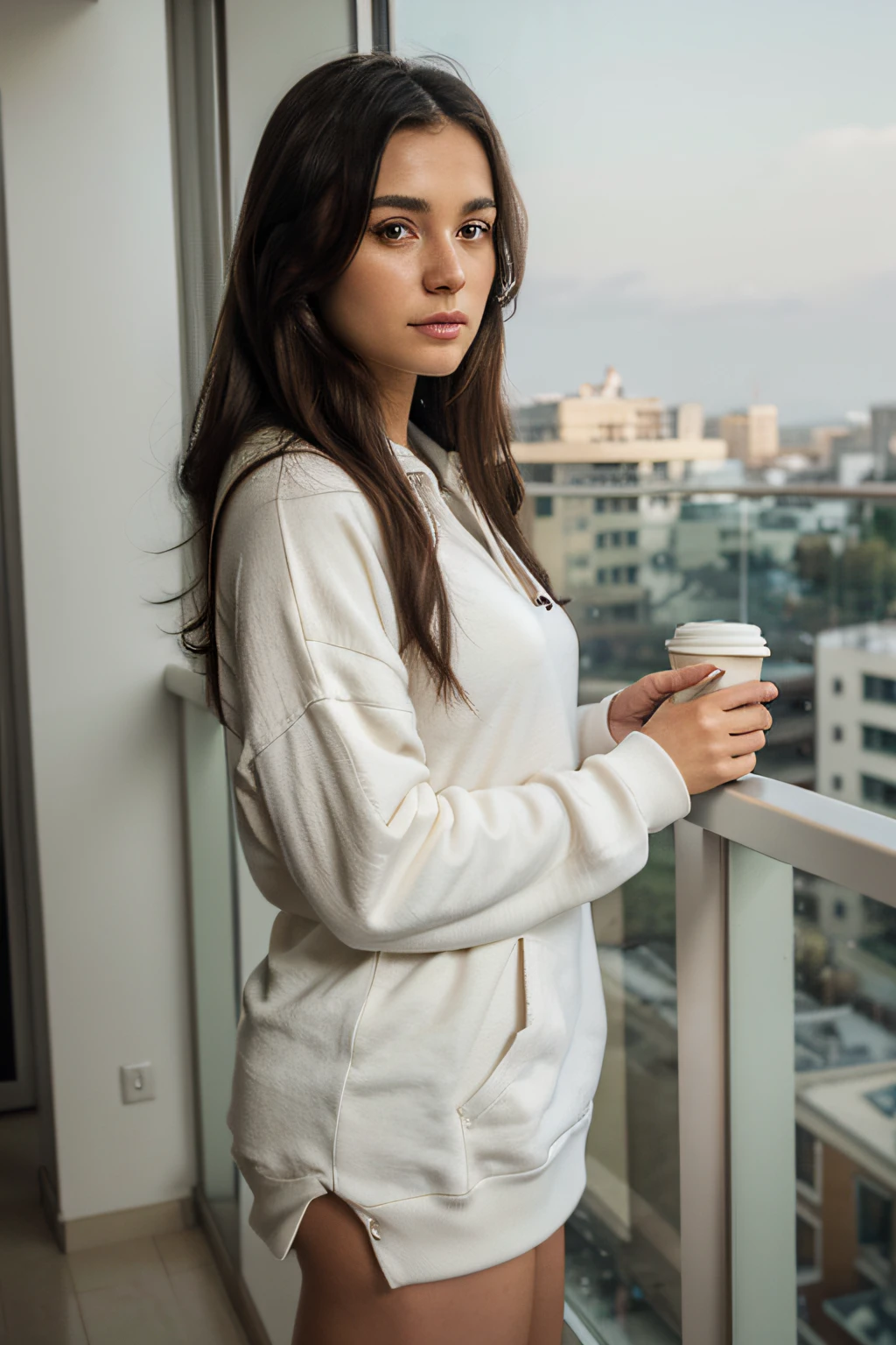 Solo, One woman of about 20 years old, black long hair, Close-up portrait, Hazel eyes, wearing solid khaki white oversized hoodie, standing in balcony, holding coffee in her hand, looking outside, side pose, sleepy mood, sexy, mature woman, body measurement 36-25-36, height 5'7", soft lighting, morning scene, RAW Photography, 8k, , Masterpiece, Full Body Shooting, Top Quality, Fine Pore, Realistic, Photorealistic, Ultra Detailed