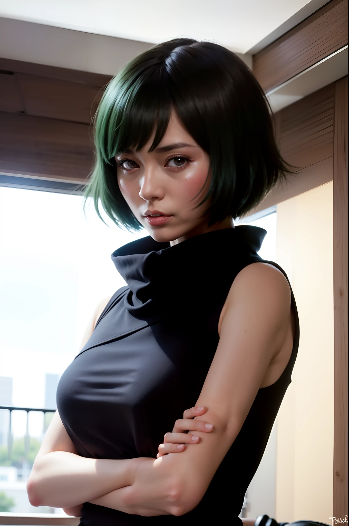 a woman with green hair and a black top standing in front of a window, fubuki, female character, yayoi kasuma, tatsumaki from one punch man, motoko kusanagi, nico robin, seductive girl, girl wearing a black dress, misato katsuragi, High quality image, masterpiece, detailed hair texture, detailed skin texture, detailed cloth texture, 8k, add fabric details, ultra detailed skin texture, ultra detailed photo, skin pores, cloth details, high skin details, realistic hair details