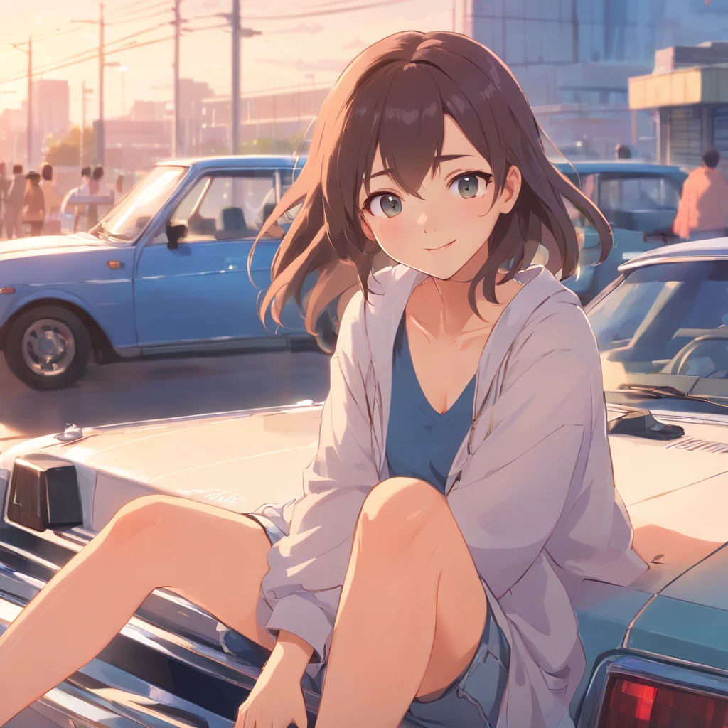 There was a woman sitting down,Hair is long, young cute wan asian face, dilraba dilmurat,, girl cute-fine face, wan adorable korean face, Beautiful young Japan woman, xintong chen, Asian girl with long hair,A smile BigEyes90s Style Anime Retro.The background is a big new car