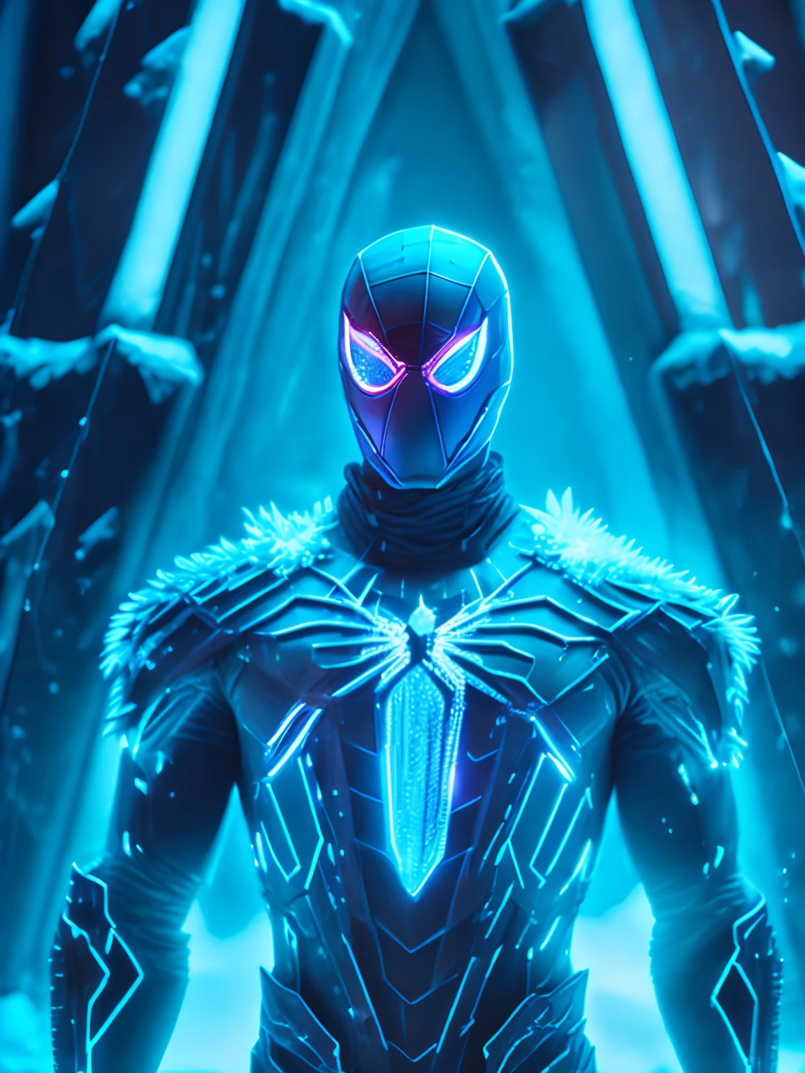 dark portrait of Frozen ice Spiderman suit from Marvel Comics immerging from the cyan frozen ice powers with intricate angular cybernetic implants inside a brutalist building, gothic brutalist cathedral, cyberpunk, award-winning photo, bokeh, neon lights, cybernetic limb