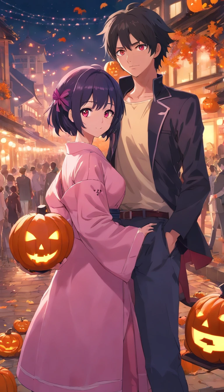 best quality,插圖. The couple in the photo is celebrating the haloween. Sasuke, The man is tall and handsome, with chiselled features and piercing black eyes, ele tem ombros largos. He's wearing a zombie cosplay. The woman is equally stunning with soft features and delicate strokes. Her hair is short and pink that fall elegantly around her face. She's wearing a witch cosplay, com um capeu pontudo. Junto, o casal segura uma abobora de haloween. it is night time, They're surrounded by Halloween ornaments.