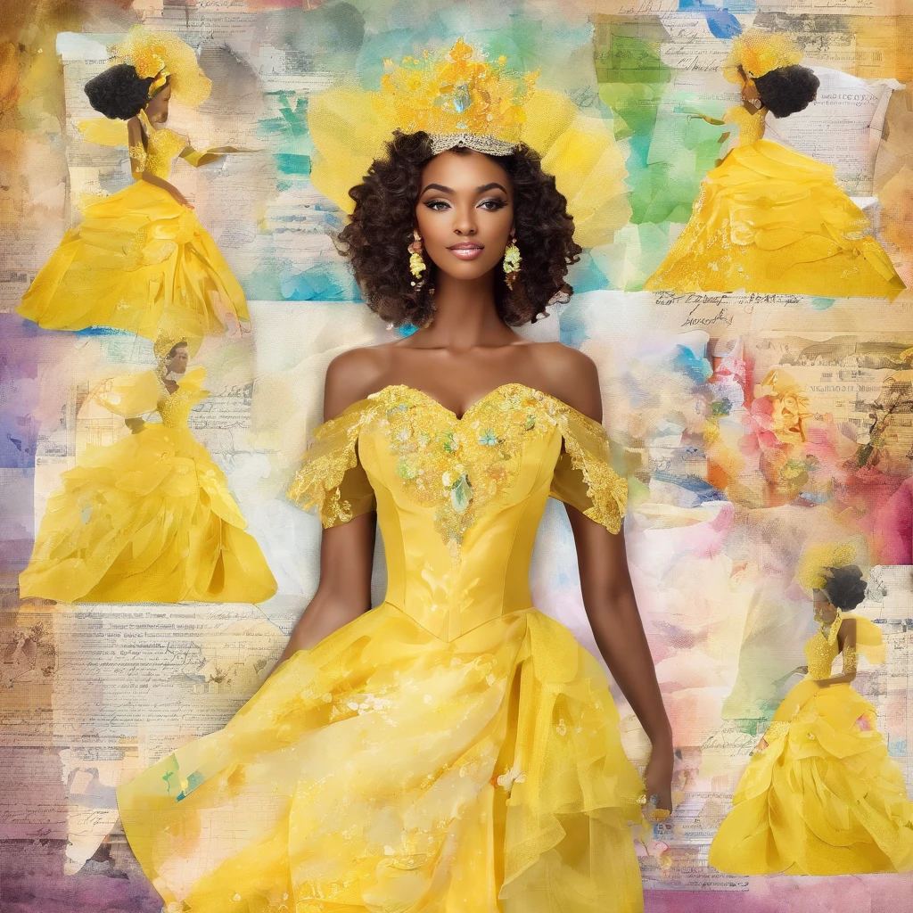 Beautiful princess Tiana in her work cloth, yellow dress and white aprion, old photo, rainbow, (highres, best quality:1.2), radiance, soft contours,
