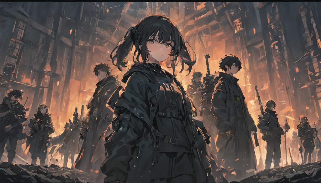 a group of characters wearing all black in a apocalyptic setting holding weapons