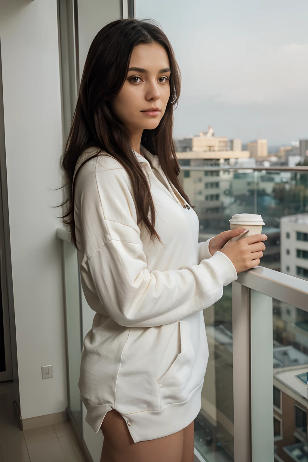 Solo, One woman of about 20 years old, black long hair, Close-up portrait, Hazel eyes, wearing solid khaki white oversized hoodie, standing in balcony, holding coffee in her hand, looking outside, side pose, sleepy mood, sexy, mature woman, body measurement 36-25-36, height 5'7", soft lighting, morning scene, RAW Photography, 8k, , Masterpiece, Full Body Shooting, Top Quality, Fine Pore, Realistic, Photorealistic, Ultra Detailed