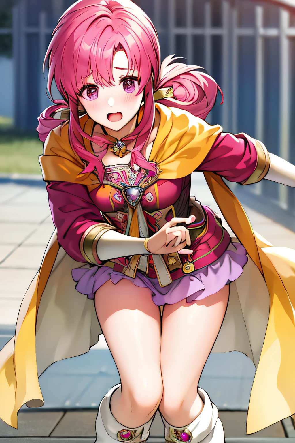 masterpiece, best quality, 1girl, def_ethlyn, yellow cape, boots, looking at viewer, (purple skirt:1.2), miniskirt, long sleeves, jewelry, knee boots, white footwear, collarbone, wind lift, , , upskirt, embarrassed, blush, looking down