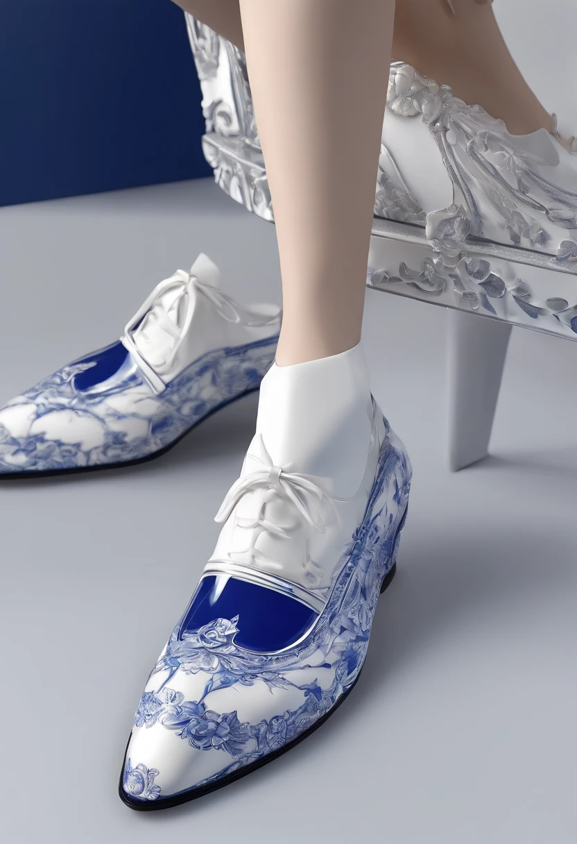 Blue and white porcelain,Ceramic material，leather shoes，artwork of a，Ornaments， high detail,3D， Chiaroscuro, Cinematic lighting, god light, Cinematic lighting, hyper HD, High details, Best quality, A high resolution, Textured skin