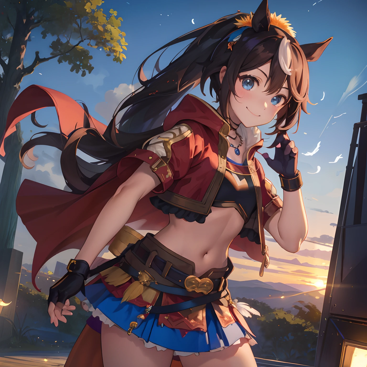 ((masterpiece、top-quality))、1girl in、Tokai Teio、Tokai Teio(horizon)、horse ear、Horse Girl、brown haired、length hair、High ponytail、streaked_hair、multicolored_hair、blue eyess、jaket、cropped jackets、croptop、Midriff、fingerless gloves、shortsleeves、a navel、skirt by the、a belt、cape、jewely、frilld、hair adornments、hood down、a necklace、thighs thighs thighs thighs、boots、official_alternate_costume、a smile、victorious pose、Burning feathers、Sundown、outside of house、stage、