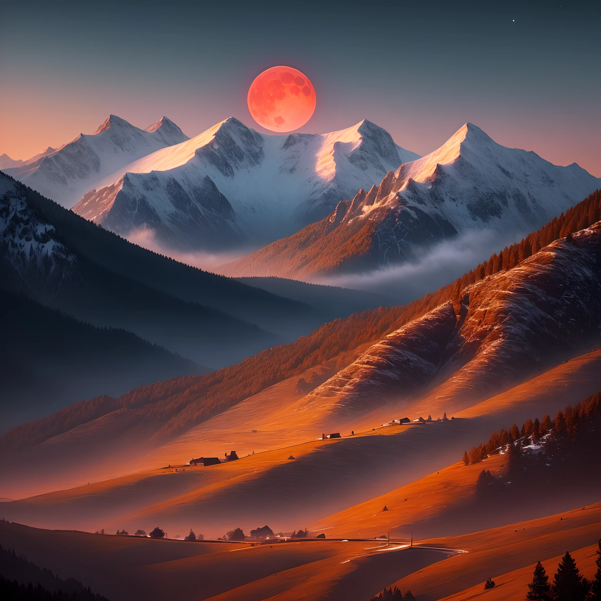 Landscape in the mountains with red moon behind