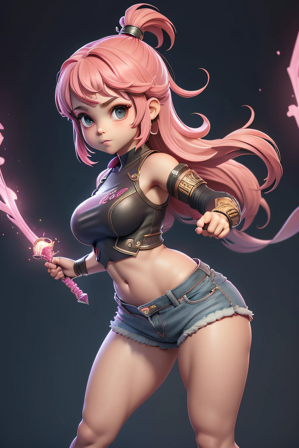 Mini sakura, (Sakura), menina solo, ray tracing, Estilo 3D, 3DMM, ((3 poses por foto)), ((3 poses em cada foto)), corpo inteiro,(Front view),(back vision), (view on the left),shorts muito curto jeans na cintura, mostrar barriga lisa, (((3 poses por foto))),(seios muito grandes), barriga perfeita, olhos perfeitos e simetricos, (perfect hands), over all view, witchblade