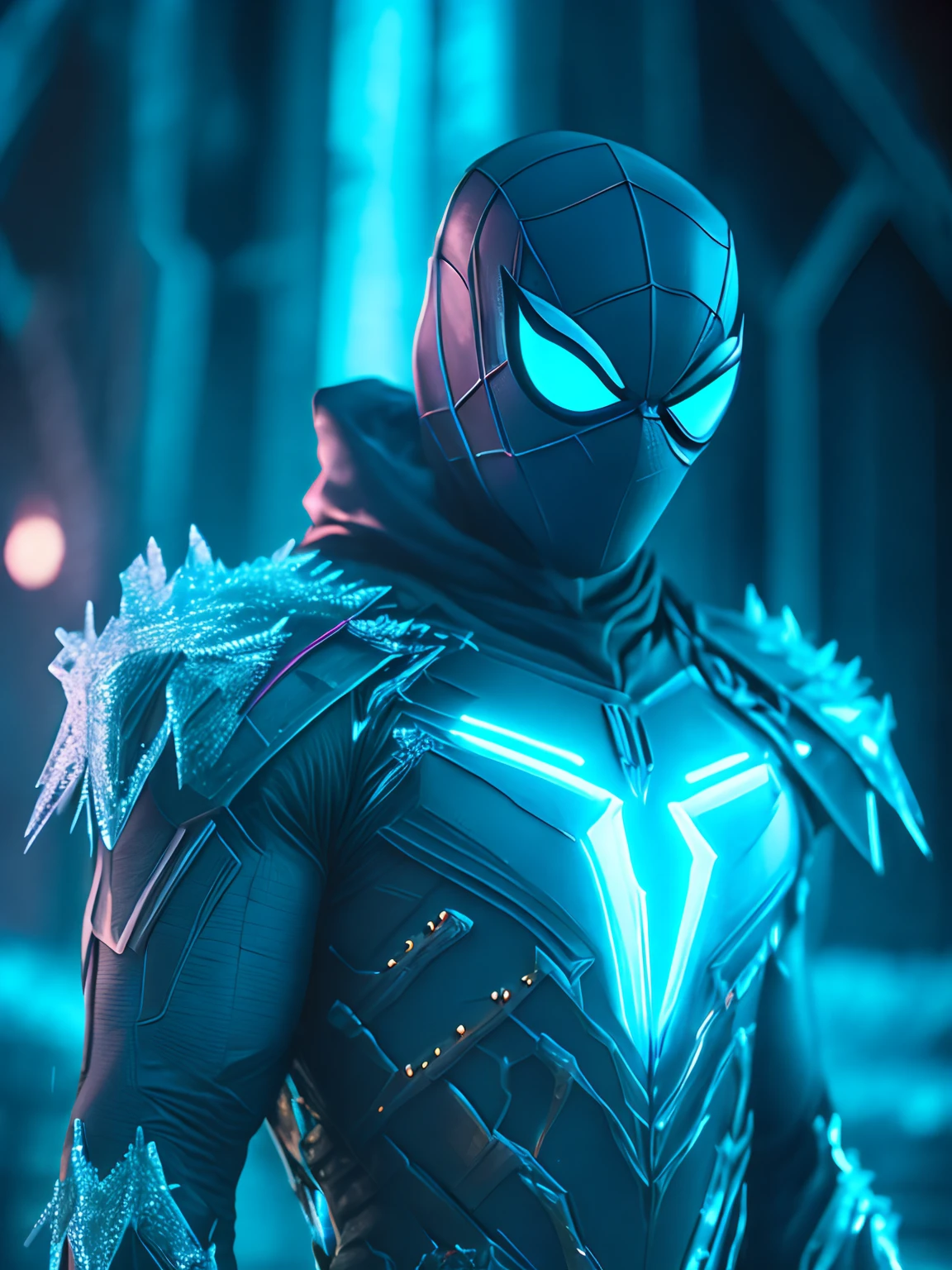dark portrait of Frozen ice Spiderman suit from Marvel Comics immerging from the cyan frozen ice powers with intricate angular cybernetic implants inside a brutalist building, gothic brutalist cathedral, cyberpunk, award-winning photo, bokeh, neon lights, cybernetic limb
