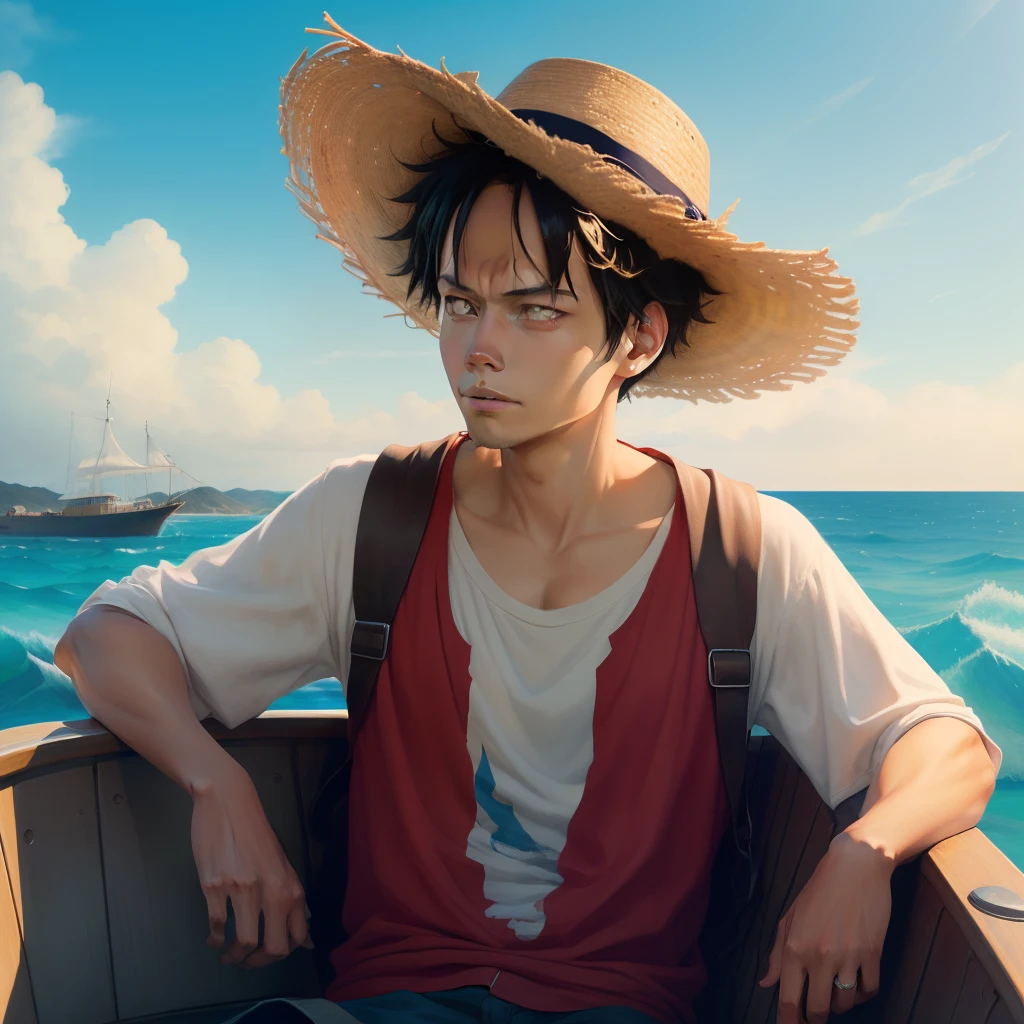 Luffy is on a luxurious modern ship at sea, wearing his straw hat with a cigar hanging from his mouth and looking into the distance
