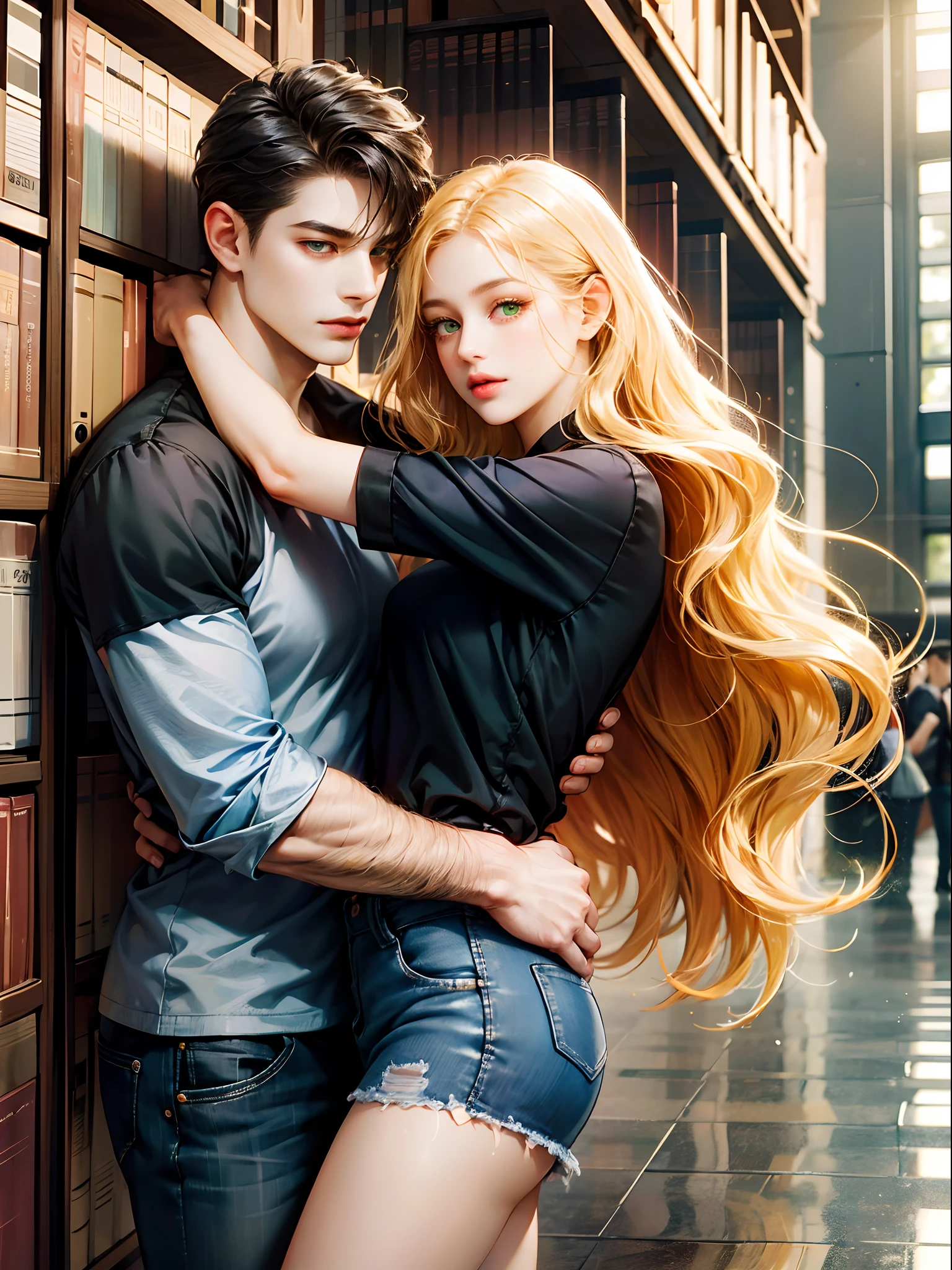 Couple, 1 girl 1 boy, different hair color, long blonde wavy hair no bangs and grey eyes, shirt, denim miniskirt, black hair and (green eyes) , Black shirt open and jeans, hug , height different, detailed eyes, looking the viewer, background a library