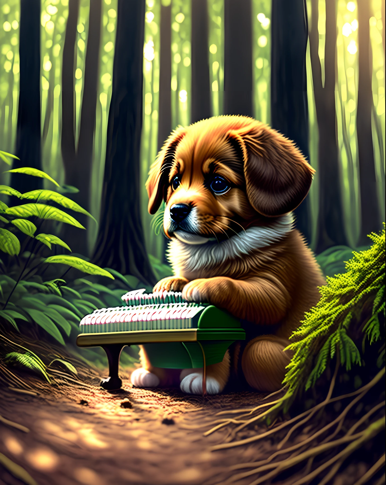 Puppy playing piano in the forest