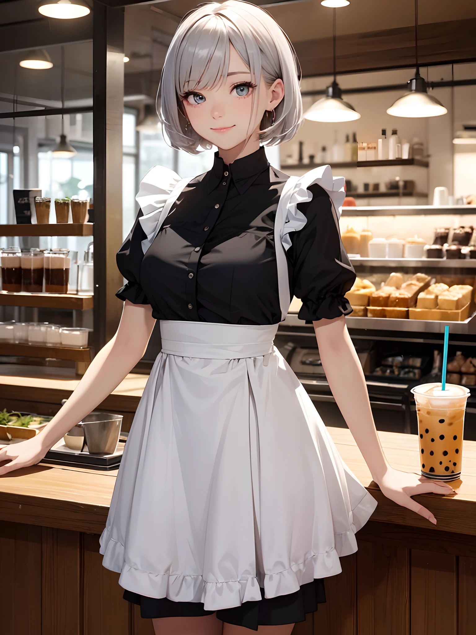 (ultra-realistic, highres, best quality, 4k, professional, cowboy shot), an illustration in Full HD that showcases a 21-year-old girl's cool style, beauty eyes, sharp eyes. Her Asymmetric Pixie hairstyle, silver hair, short hair, and left-facing bangs with red highlights make her stand out, Hands behind your back, hide your hands behind your back. Smile, She's dressed fashioned maid outfit, cafe, Stand in front boba drink, boba tea on the table, exuding confidence and individuality.