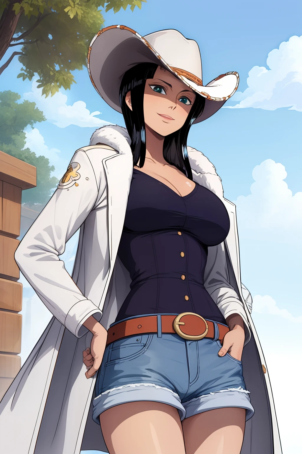 1girl,nico robin,cowboy shot,mature female,happy,light smile,medium hair,large breasts,hat,white coat,denim shorts ,belt