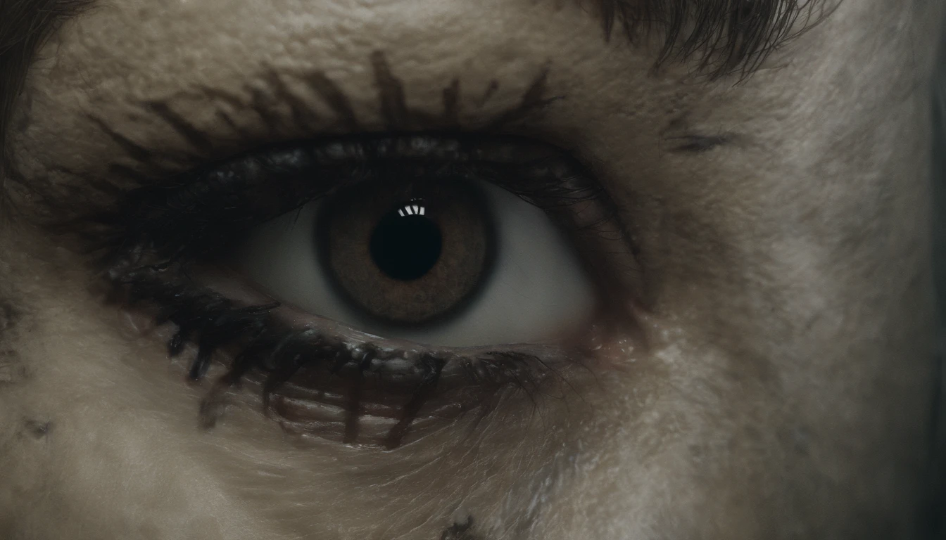 cinematic, a pair of eyes , afraid , close up , dark , scary