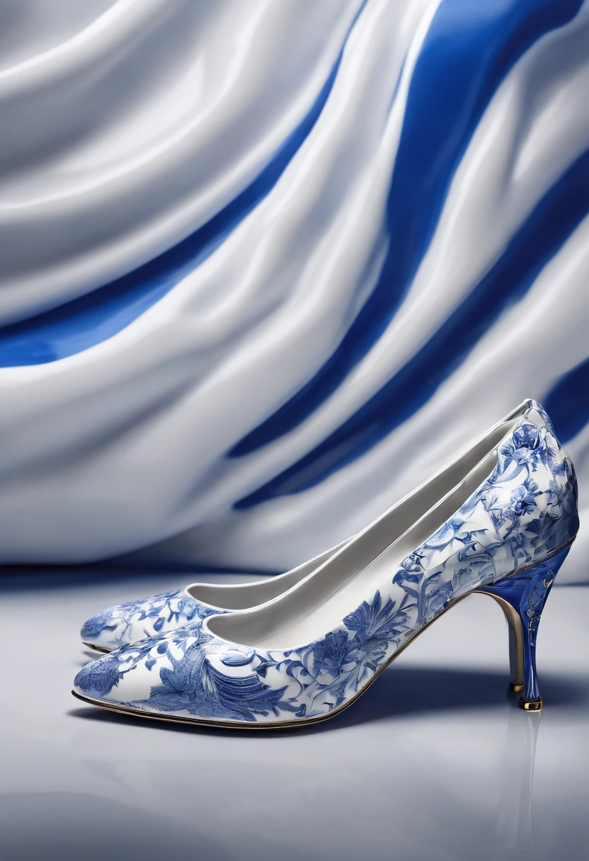 Blue and white porcelain,Ceramic material,high-heels,artwork of a,High detail,3D,Chiaroscuro, Cinematic lighting, god light, Cinematic lighting, hyper HD, High details, Best quality, A high resolution, Textured skin