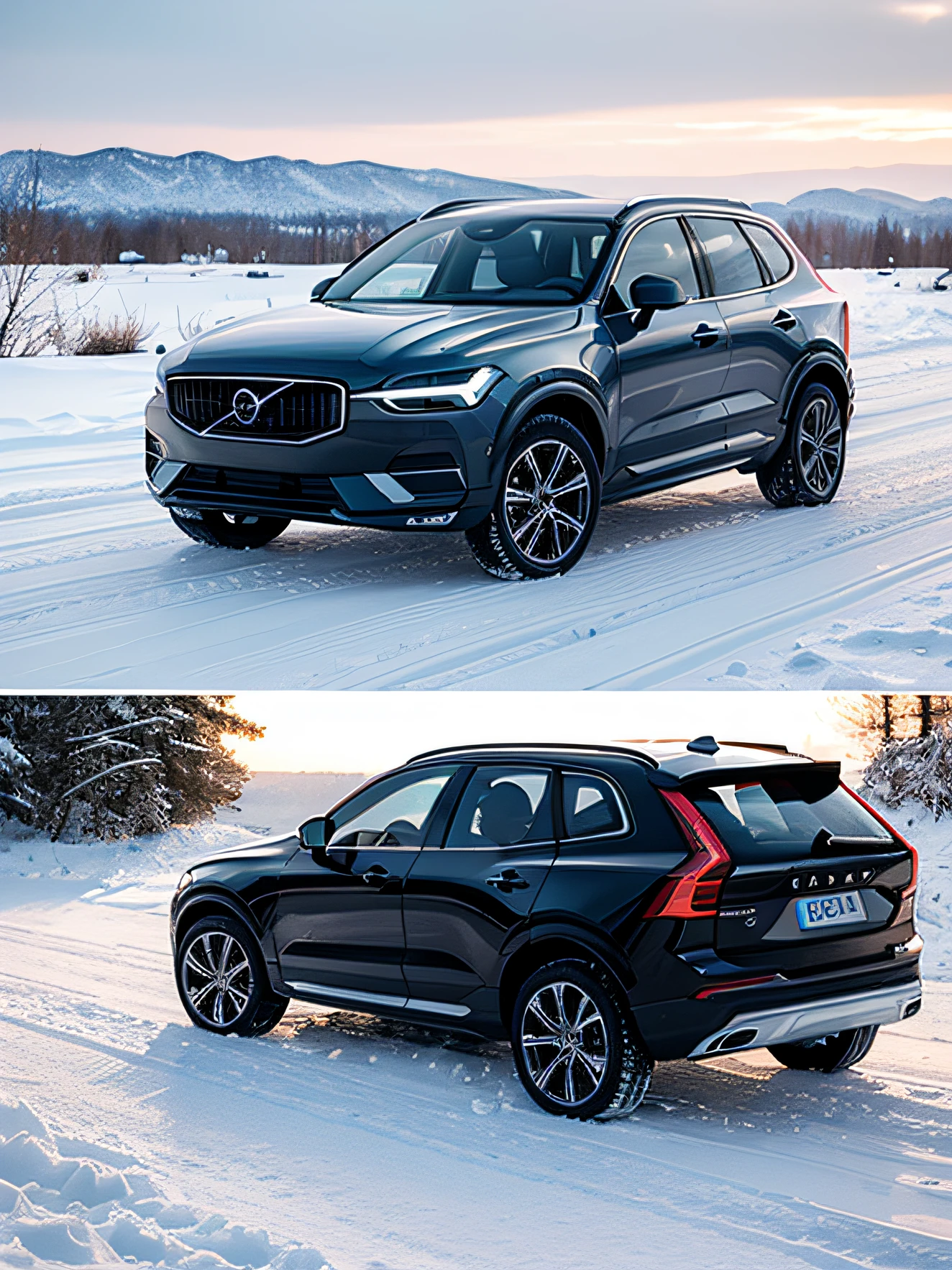 Generate a picture of the 2023 Volvo XC60 Zhiyuan Denim Blue driving in the ice and snow，Be tech-savvy，Make sure the entire car is visible in the photo