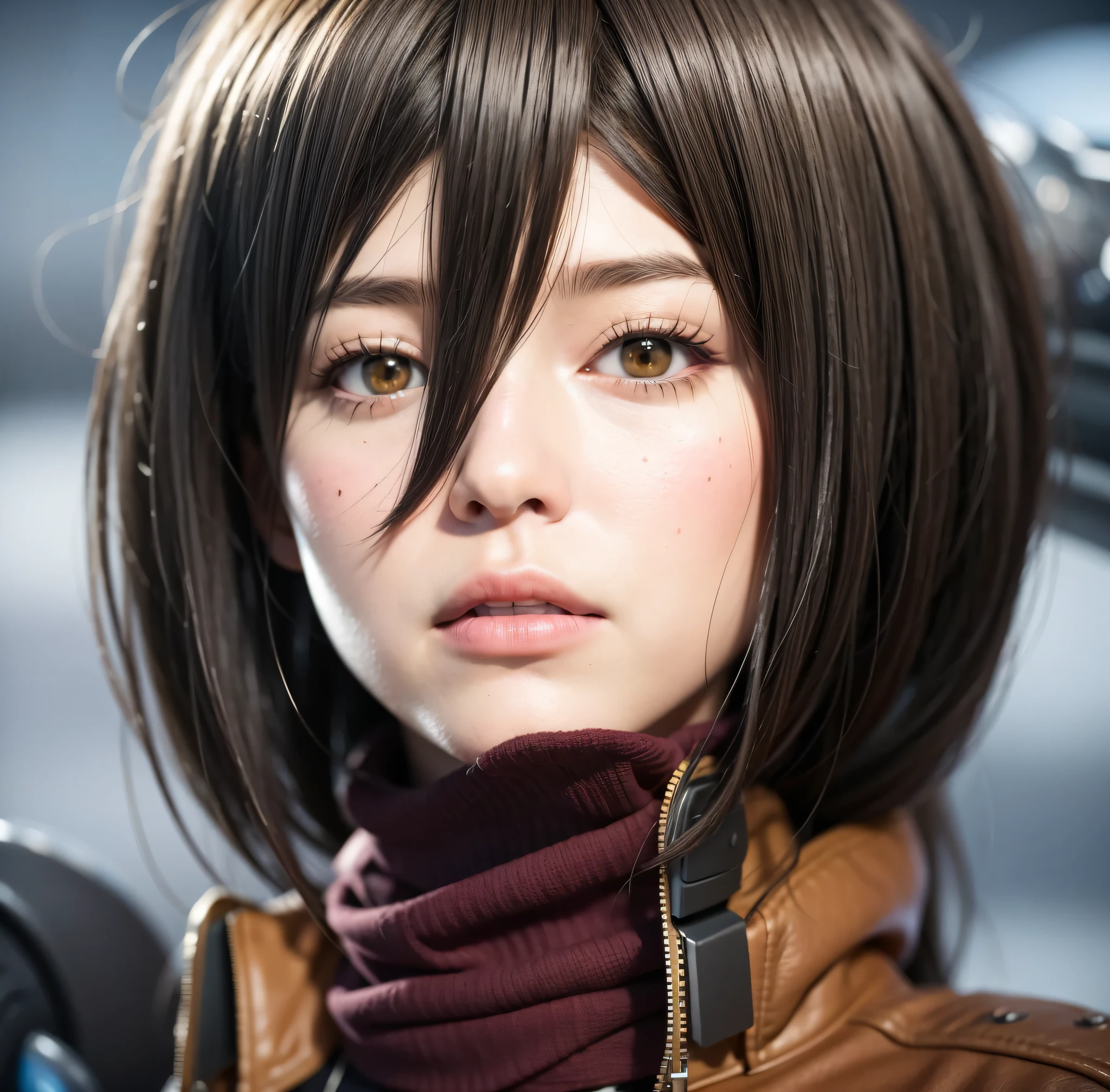 a close up of a person with a scarf on a cloudy day, hyper realistic anime, photorealistic anime girl render, mikasa ackerman, anime cgi style, anime cgi, makoto shinkai ( apex legends ), photorealistic anime, realistic anime artstyle, akihiko yoshida. unreal engine, 3 d anime realistic, high detailed face anime, stunning anime face portrait
