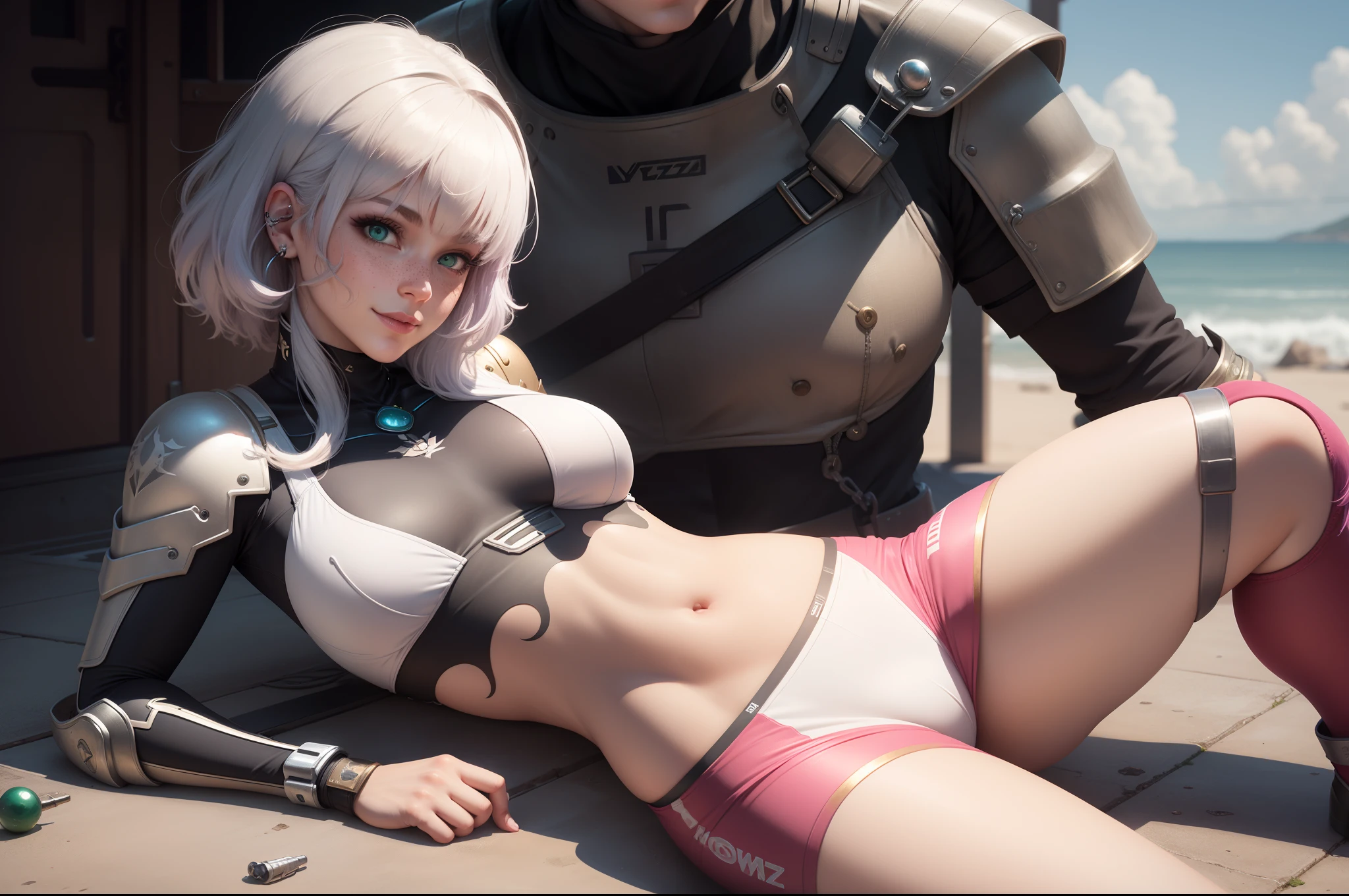 gwen tennyson,y'shtola rhul,yorha 2b, 1girl,atelier ryza,overwatch,close up, mecha pilot,ocean view,tattoos,pink and silver plugsuit,white short sleeve lycra top,steel cargo pants,uncovered belly,short saiyan hair,cute makeup,green eyes,dimensional golden hair,shy smile,freckles,beautiful girl,large breasts,8k,ultra detailed,realistic,fantasy art,saiyan armor,cyborg armor,steel armor,harbor shore,military uniform,ear piercings,hair pin,super saiyan girl,saiyan female,