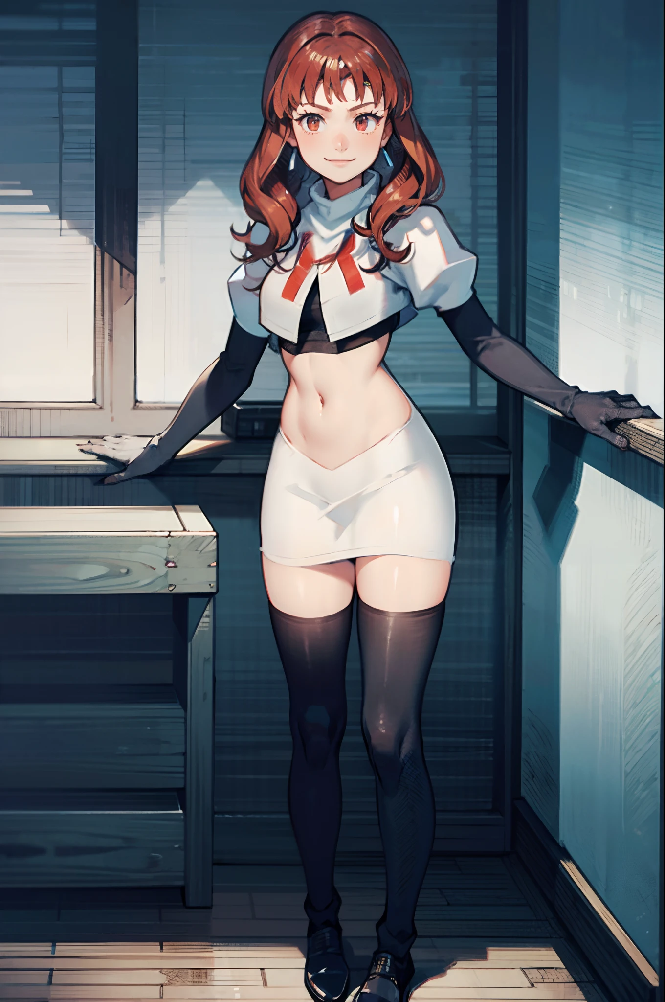 celica fe, 1girl,team rocket,team rocket uniform,white skirt,crop top, red letter R, black thigh-highs,black elbow gloves,evil smile