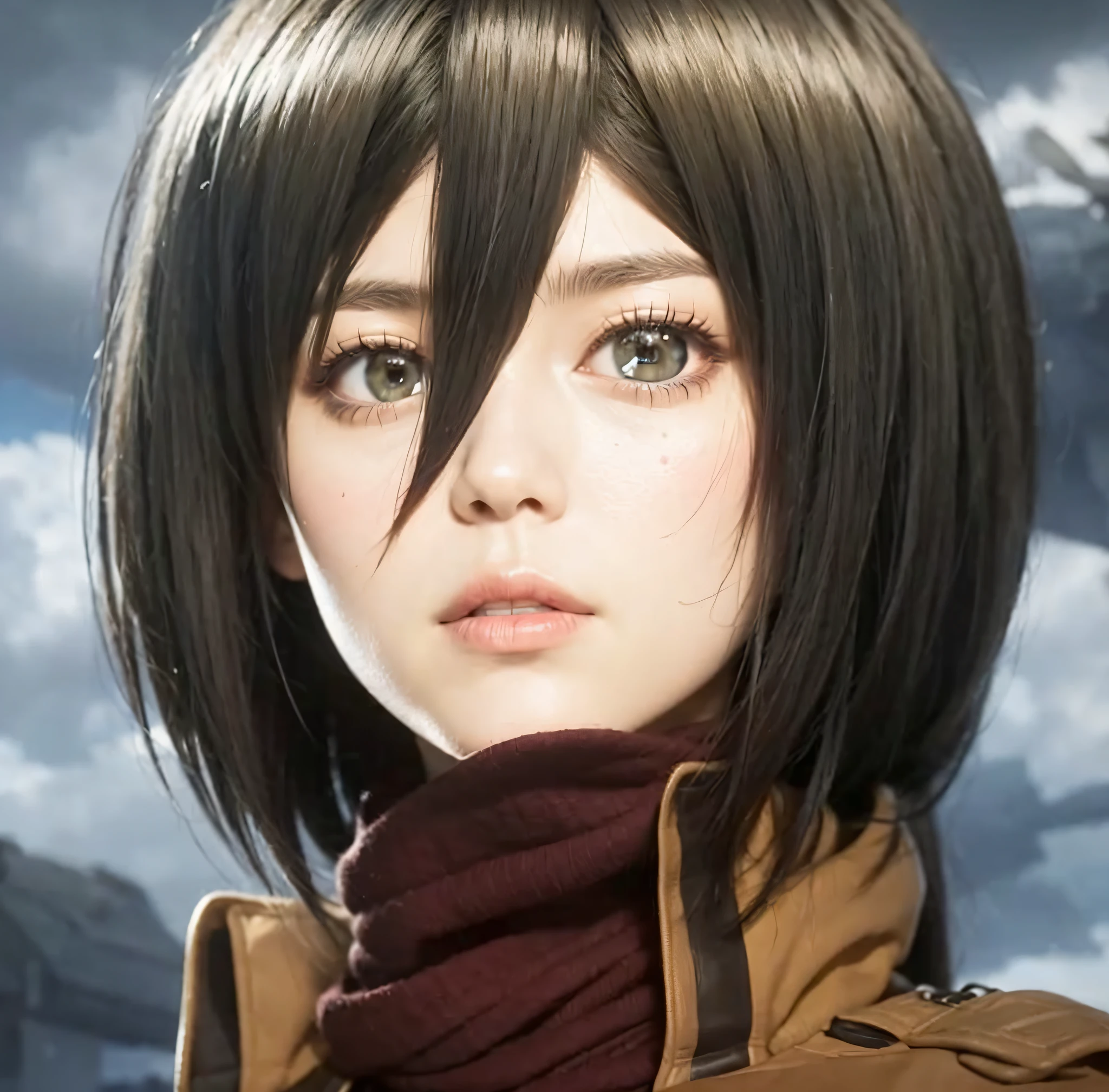 a close up of a person with a scarf on and a cloudy sky in the background, mikasa ackerman, from attack on titan, portrait of eren yeager, in attack on titan, (attack on titans anime), female anime character, eren yeager, anime cgi, female protagonist 👀 :8, snk, official art, anime cgi style