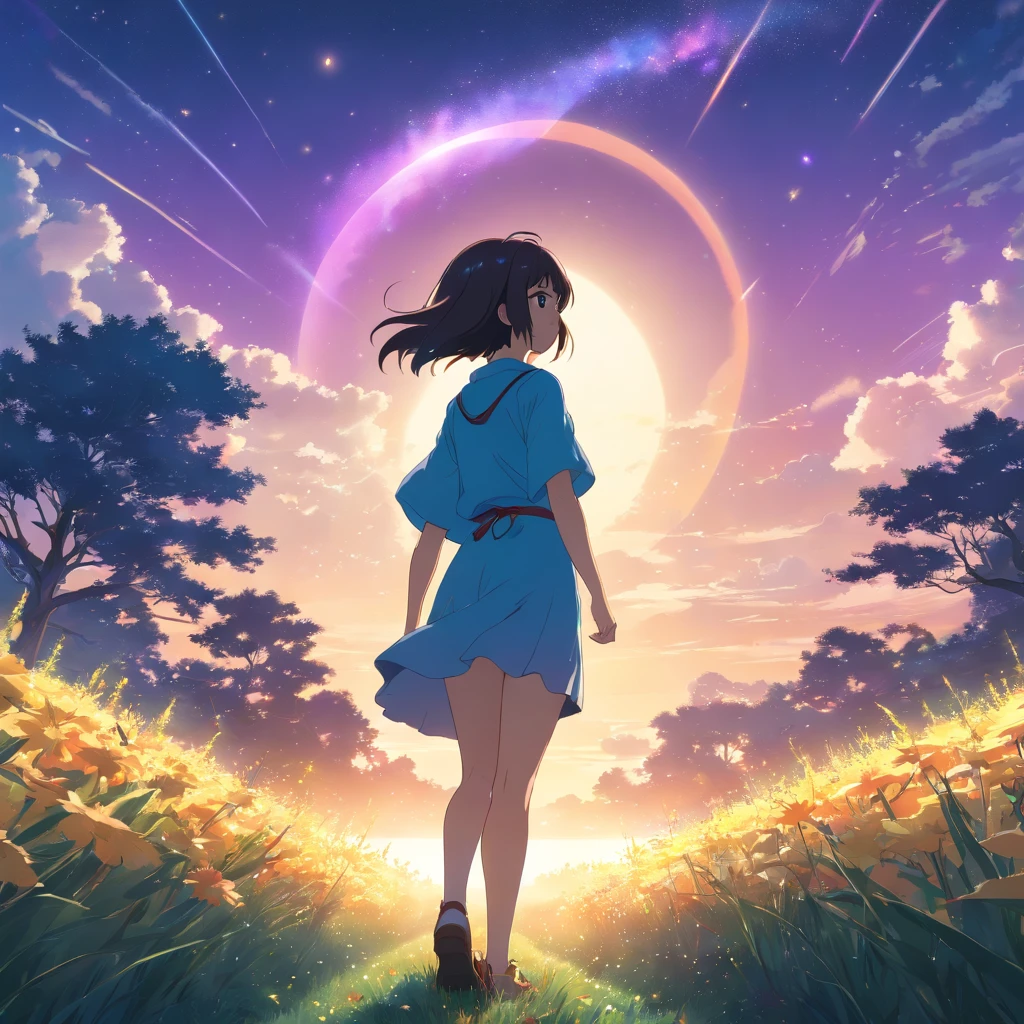 Makoto Shinkai, Expansive landscape photograph , (View from below，Displays the sky above and the clearing below), a girl standing on flower field looking up, (full moon:1.2), ( meteors:0.9), (Starcloud:1.3), Far Mountain, Tree BREAK Production Art, (Warm light source:1.2), (Firefly:1.2), lamp lights, lots of purples and oranges, Intricate details, Volumetric lighting BREAK (Masterpiece:1.2), (Best quality), 4K, Ultra-detailed, (Dynamic composition:1.4), Highly detailed, Colorful details,( Iridescent colors:1.2), (luminouslighting, Atmospheric lighting), Dreamy, magical, (Solo:1.2)