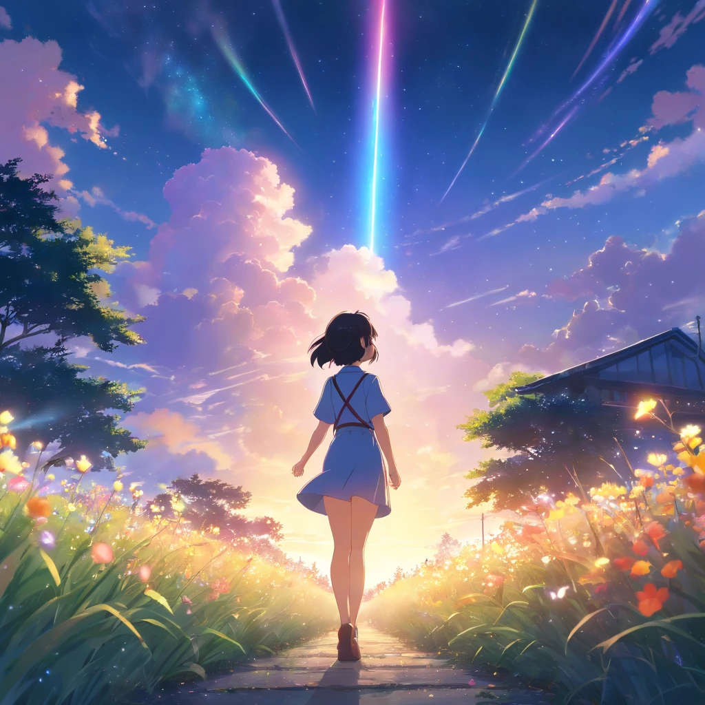 Makoto Shinkai, Expansive landscape photograph , (View from below，Displays the sky above and the clearing below), a girl standing on flower field looking up, (full moon:1.2), ( meteors:0.9), (Starcloud:1.3), Far Mountain, Tree BREAK Production Art, (Warm light source:1.2), (Firefly:1.2), lamp lights, lots of purples and oranges, Intricate details, Volumetric lighting BREAK (Masterpiece:1.2), (Best quality), 4K, Ultra-detailed, (Dynamic composition:1.4), Highly detailed, Colorful details,( Iridescent colors:1.2), (luminouslighting, Atmospheric lighting), Dreamy, magical, (Solo:1.2)