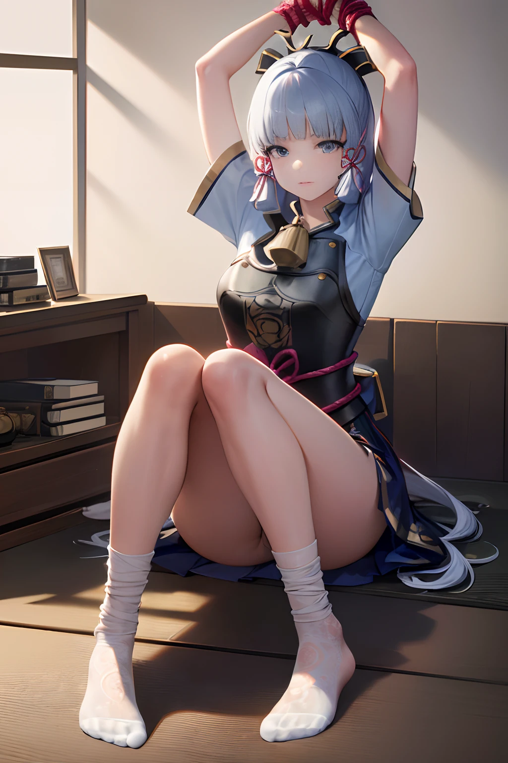 (Kamisato Ayaka), (Japanese girl), ((bondage)), (bound), (tied up girl), ((bound arms)), (bound legs), ((white tabi socks)), (no shoes), (beautiful), (Detailed Feet), (Ultra Real), (Illustration), (High Resolution), (8K), (Very Detailed), (Best Illustration), (Beautiful Detailed Eyes), (Best Quality), (Super Detailed), (Masterpiece), (Detailed Face), Solo,