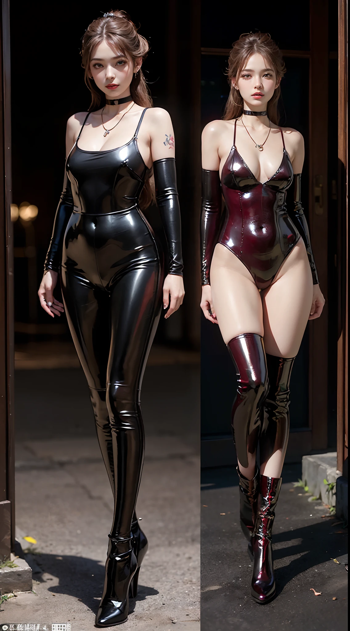 ((masterpiece:1.4)、(top-quality:1.4)、(reallistic:1.7))、Ultra-realistic portrait of the beautiful queen of Mars、Super beautiful girl queen、((1girl in:1.4))、Shiny natural skin texture、(Glossy luxury latex:1.4)、(Luxury Red Latex Bodysuit:1.4)、age19、(Cute tattoos:1.4)、(Perfect female body:1.4)、Portrait photo of a girl、(standingn:1.4)、(Full body photo:1.4)、Fantasyart、Soft front light、beautiful countenance、Beautiful udder、large full breasts:1.2、Beautiful ass、A detailed eye、Beautiful and attractive eyes、beautidful eyes、Narrow waist、beauty legs、Raw photo、red-lips、Red high heels、(tiarra:1.4、a choker:1.4、a necklace:1.4、耳Nipple Ring:1.4)、1 screen display、Beautiful girl standing on the ruins of the ancient Martian kingdom