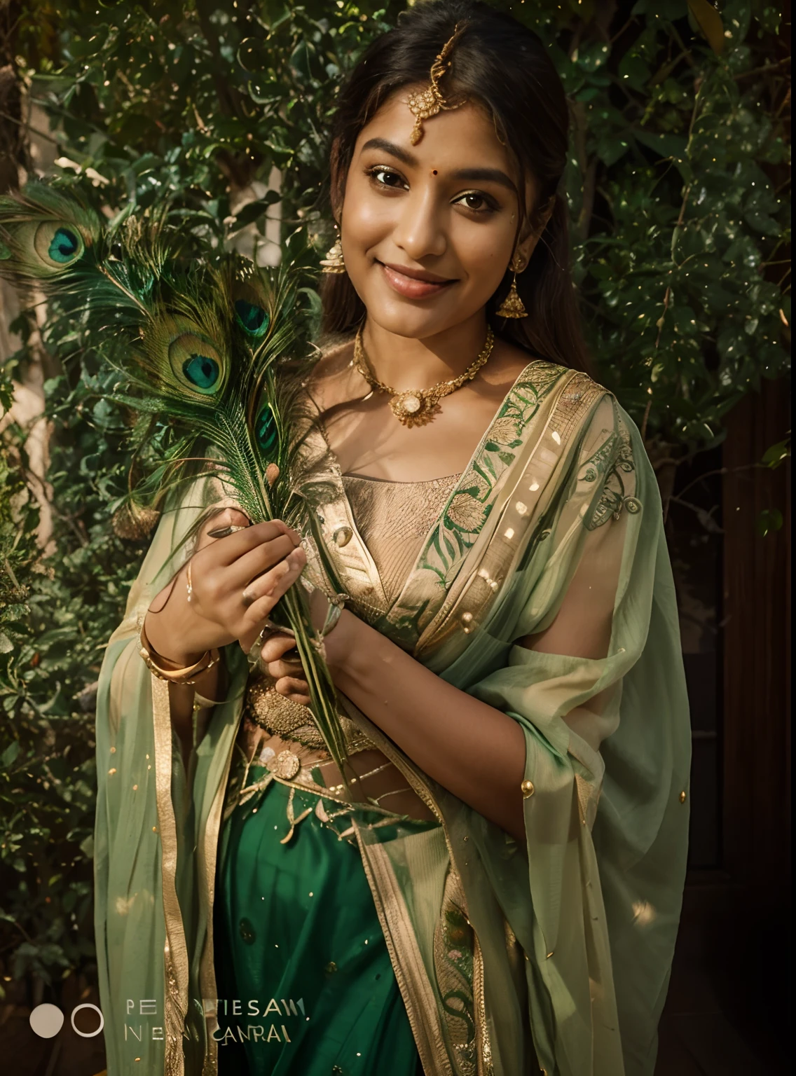Indian queen realistic smile 8k ultra natural green nature background peacock feather in hand fully dressed