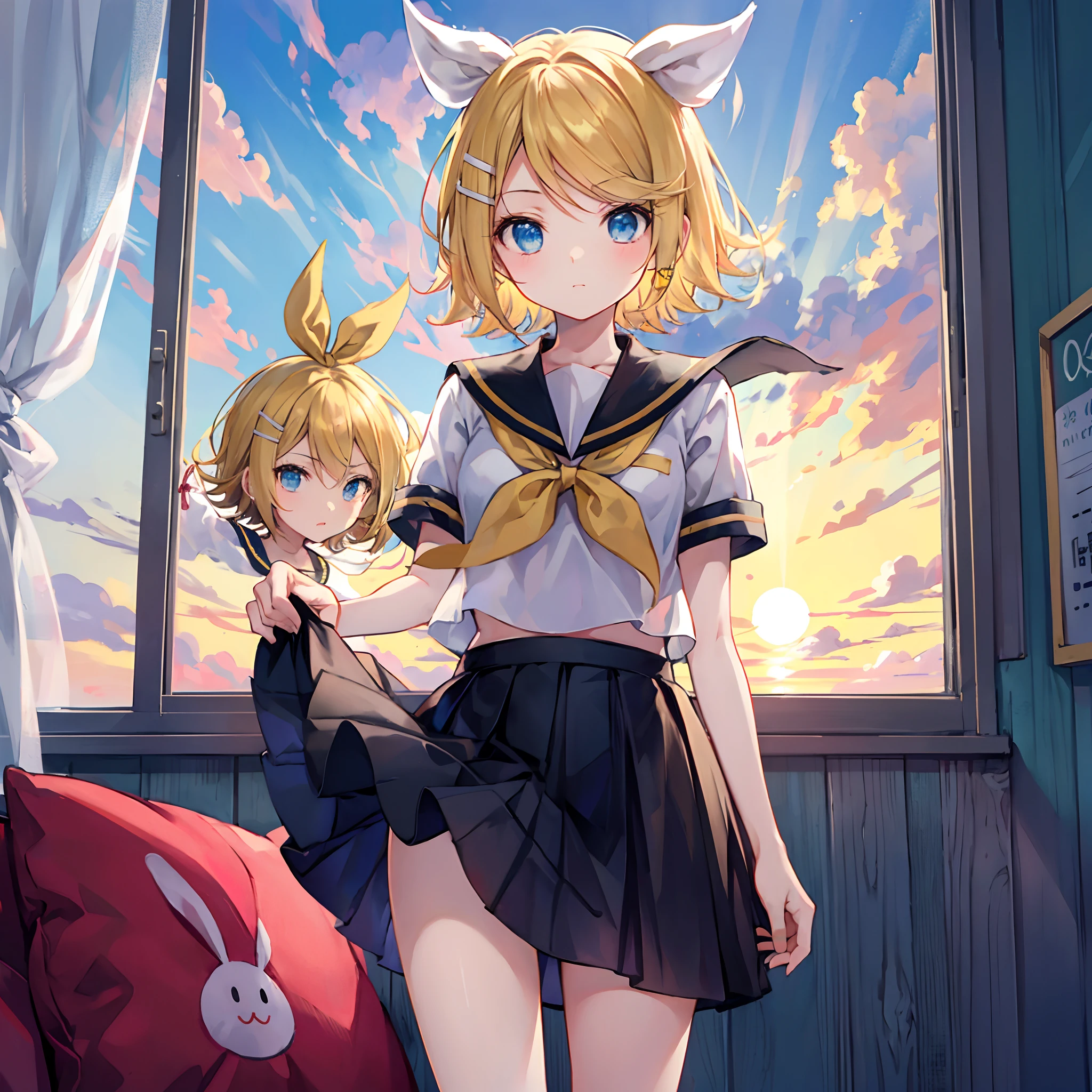 Kagamine Rin , por rubio  , coletas 、ojos rojos、Hermosa chica sola、quimono、una minifalda、aula de escuela 、sentado en pupitre , luz de atardecer (entrando por la ventana , cortinas que se mueven un poco con el viento