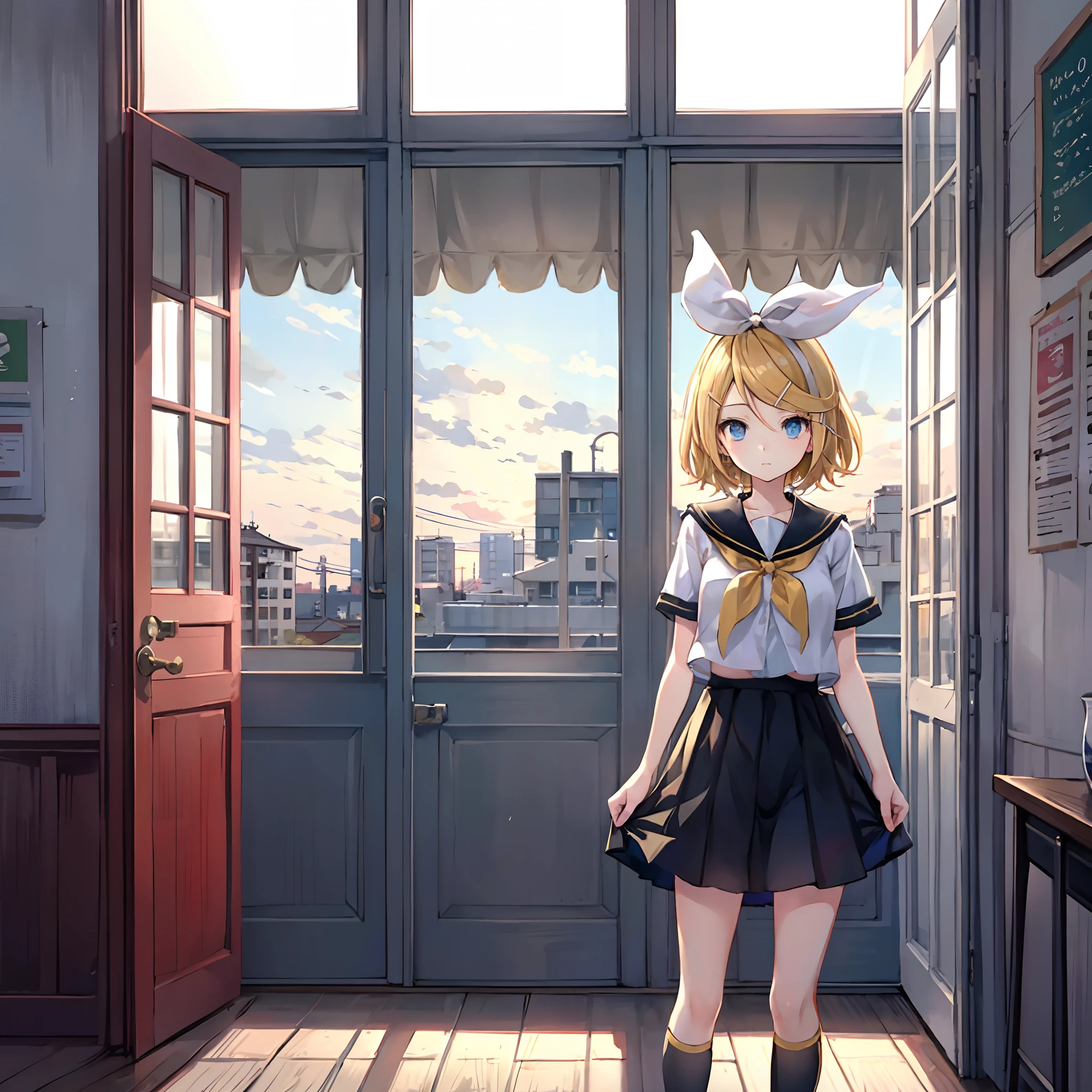Kagamine Rin , por rubio , coletas 、ojos rojos、Hermosa chica sola、quimono、una minifalda、aula de escuela 、sentado en pupitre , luz de atardecer (entrando por la ventana , cortinas que se mueven un poco con el viento