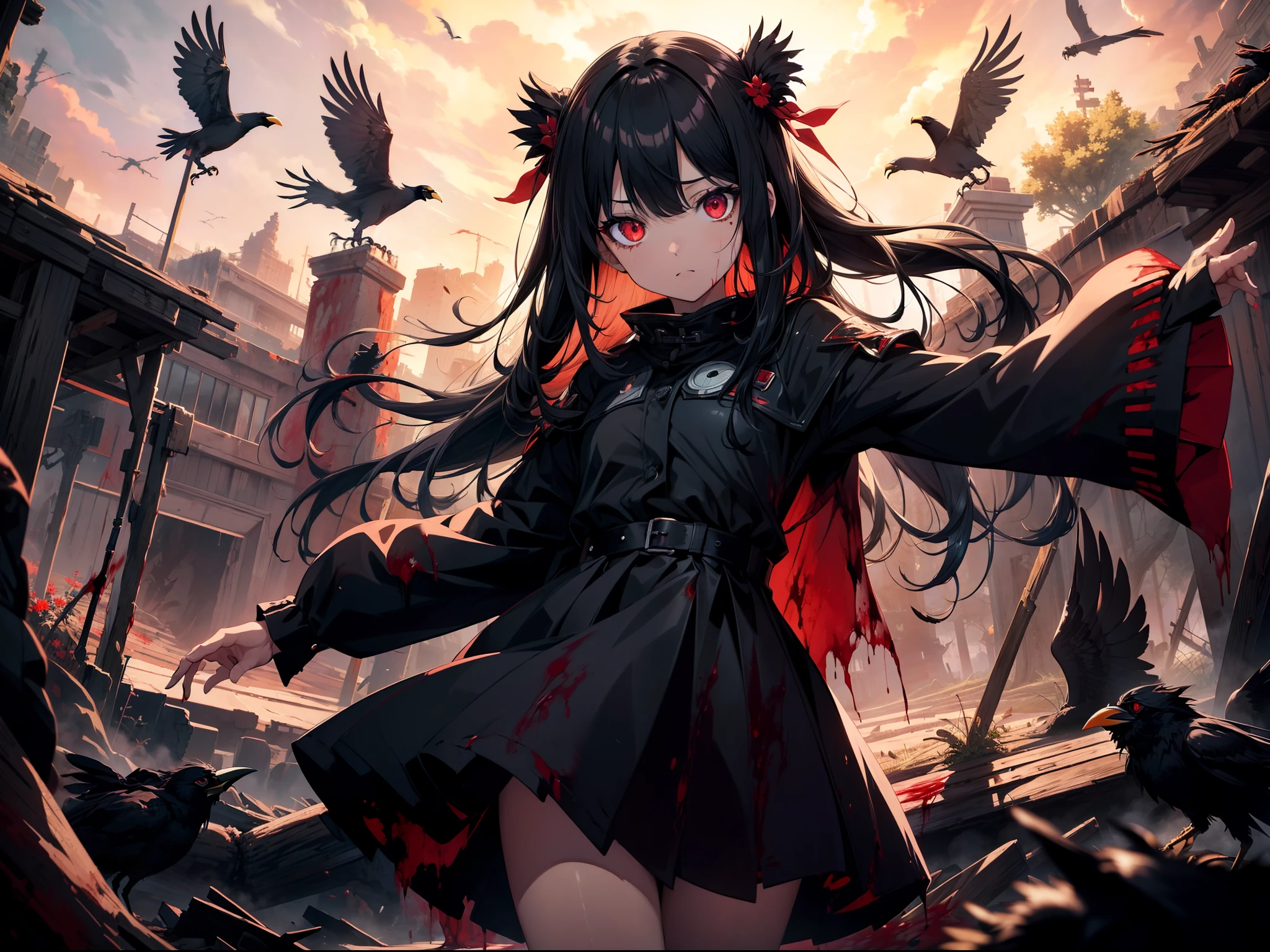 1  girl, lying, arms up, cinematic angle, (((many crows))) ,cowboy shot, ((blood sea)), ((bloody body)), blood rain ,(((Expressionless))) , ((rape eyes)) ,black hair, long hair, ribbon , black dress, red eyes, (glowing eyes:1.1) , ((darkness)), horror, Cruel , high resolution,(incredibly absurdres), (hires.fix:1.3),anime visual,ultra detailed CG unity 8k wallpaper, ((masterpiece)), ((top-quality)), (beautiful illustration), ((an extremely delicate and beautiful))