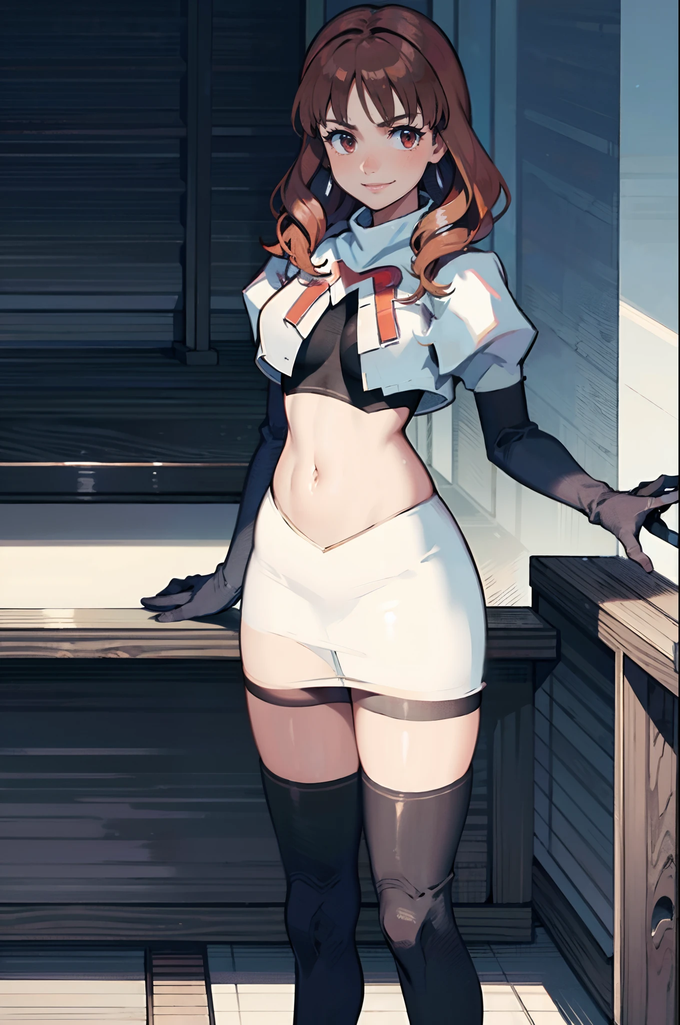 celica fe, 1girl,team rocket,team rocket uniform,white skirt,crop top, red letter R, black thigh-highs,black elbow gloves,evil smile